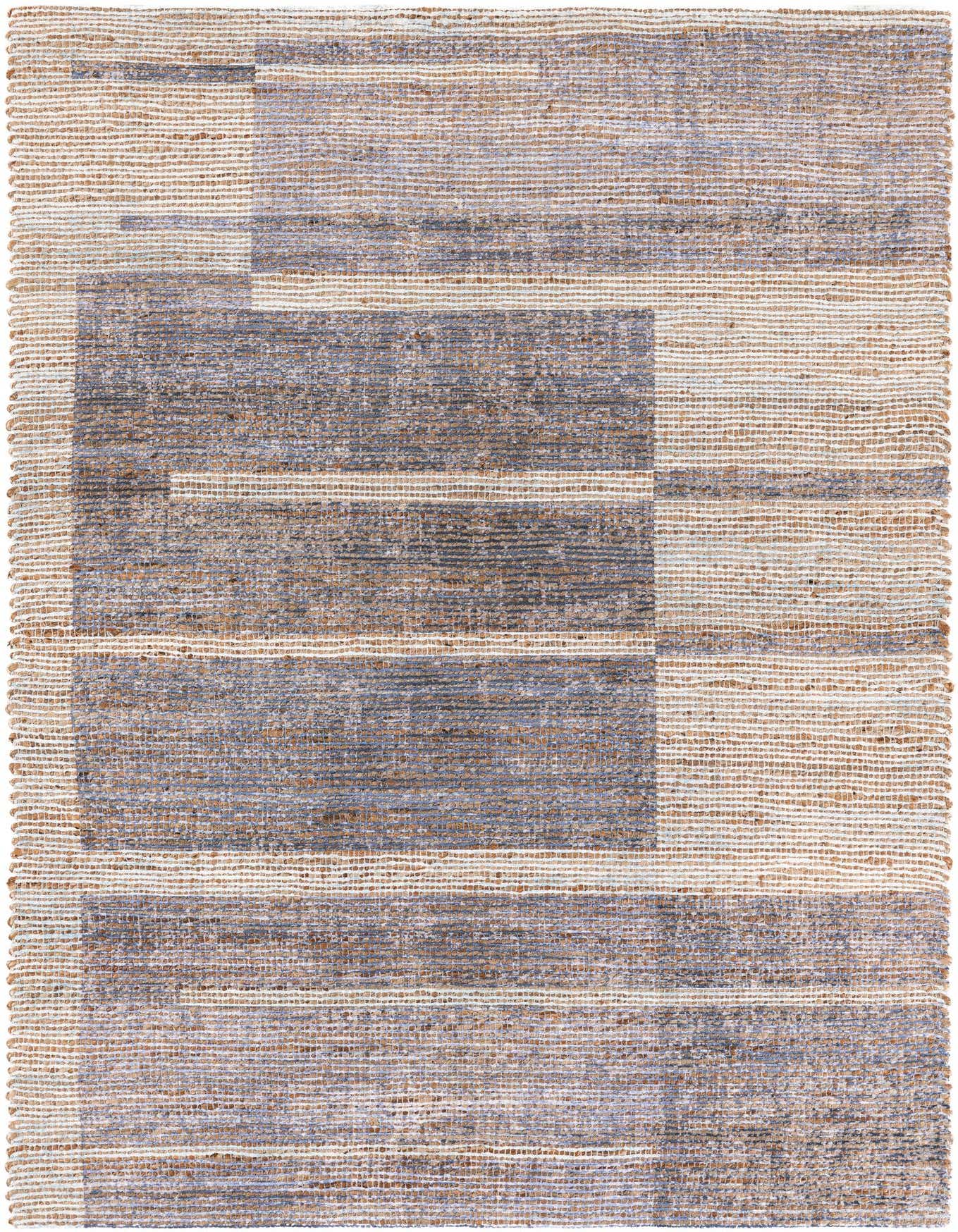 A 4x6 rectangular Chenille & Jute rug featuring a modern abstract pattern in varying shades of blue and natural beige.