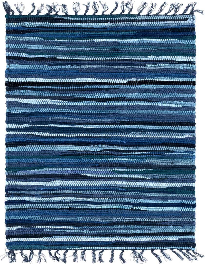 A 2x3 rectangular Chindi Cotton rug featuring varied horizontal stripes in shades of blue, navy, and white, with fringed ends.