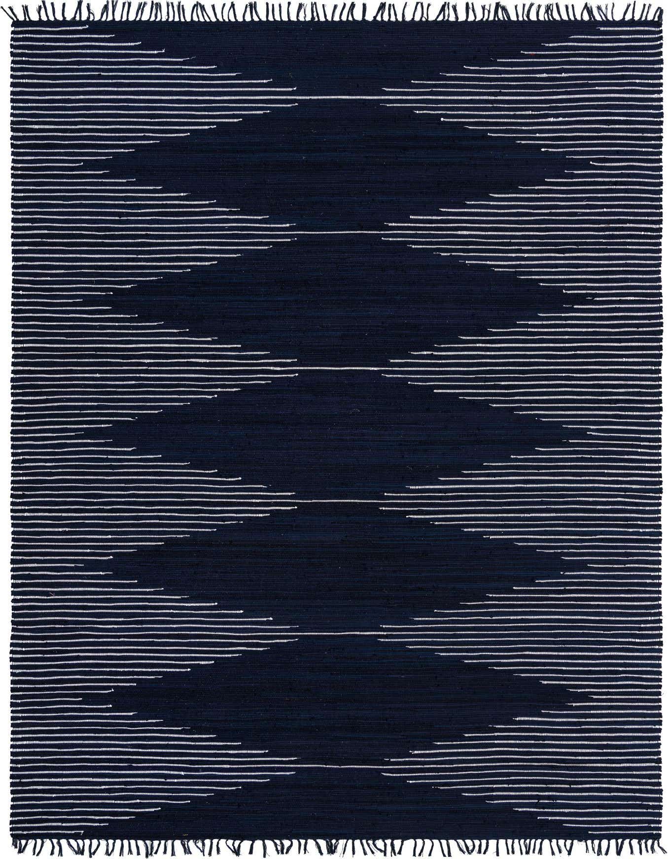 A 10x14 rectangular navy blue Chindi Cotton rug with a white geometric tribal pattern and fringed edges.