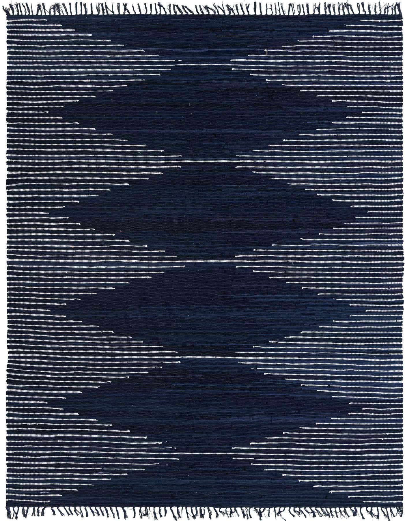A 9x12 rectangular Chindi Cotton rug in navy blue with a subtle white striped geometric pattern, ideal for a living room.
