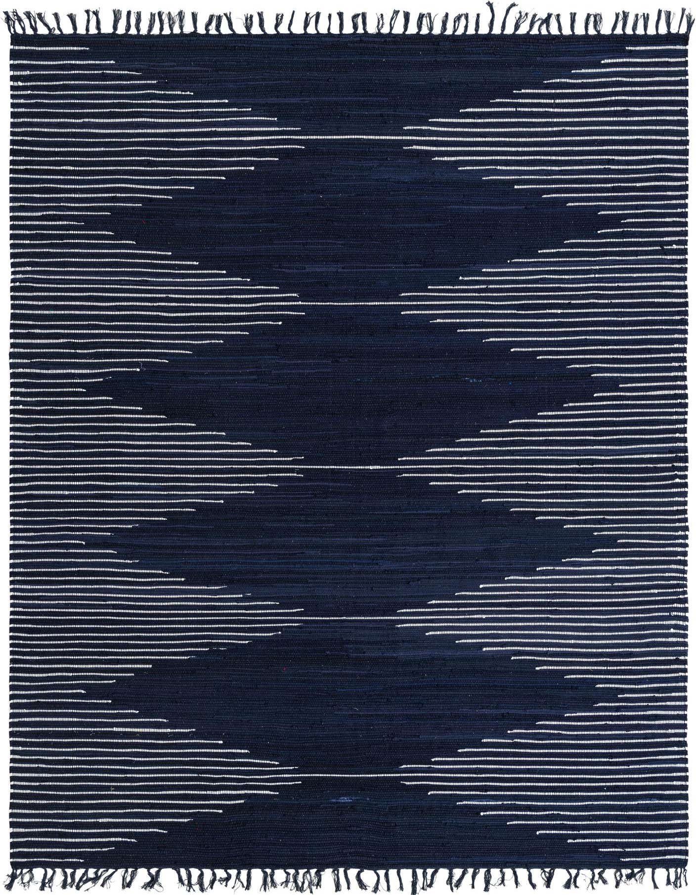 A rectangular 8x11 navy blue flatweave rug with a white geometric diamond pattern, suitable for a living room.