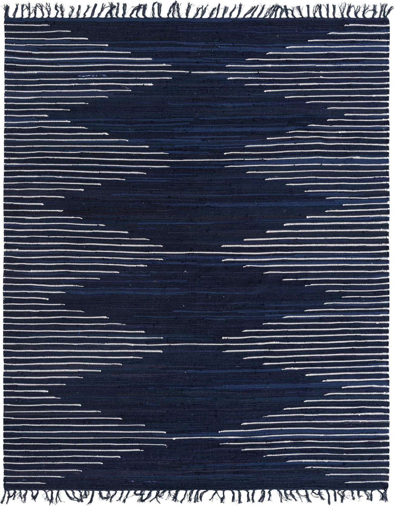 A 7x10 rectangular navy blue Chindi Cotton rug with a subtle textured stripe pattern and fringed edges.