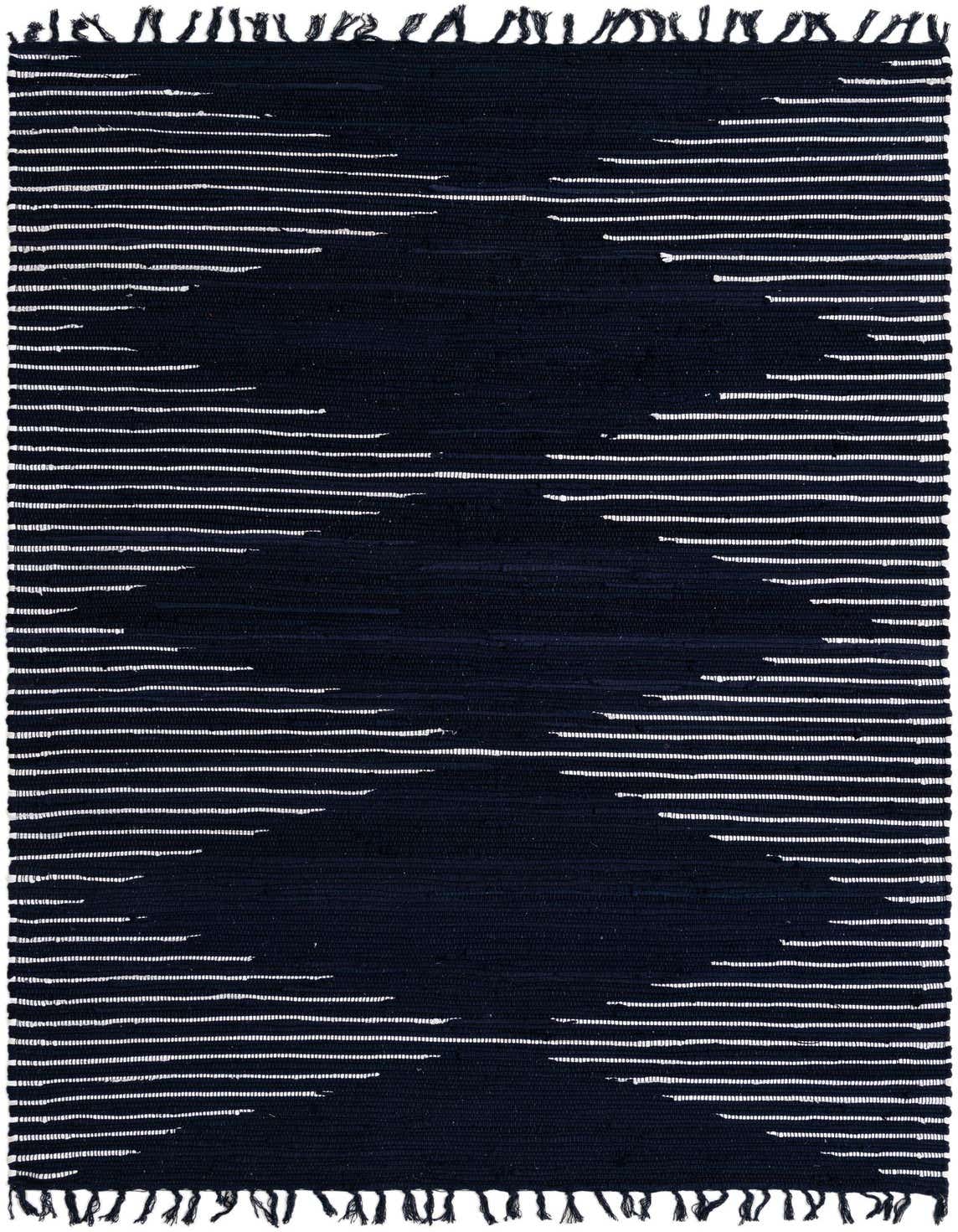 A 5x8 rectangular navy blue and white flatweave rug with a tribal geometric pattern and fringed edges, suitable for a living room.