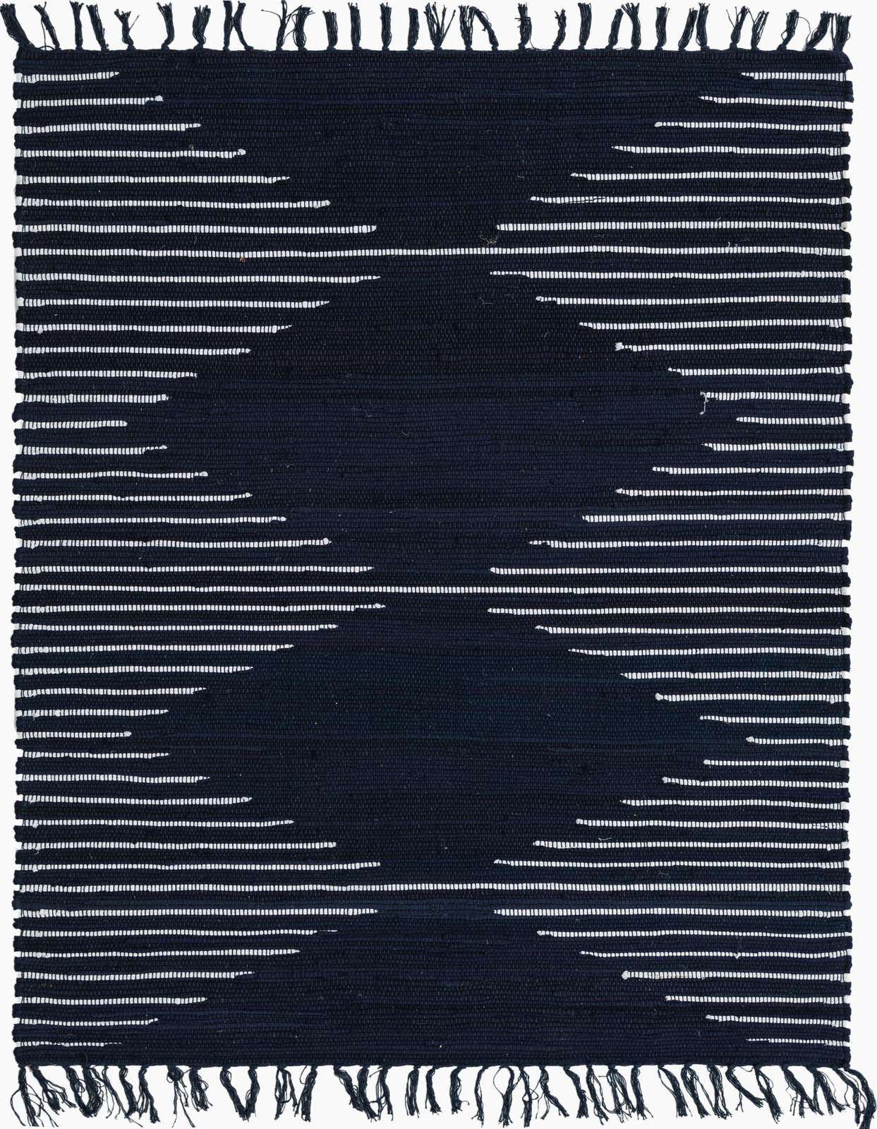 A 4x6 rectangular navy blue flatweave cotton rug with white horizontal stripe accents and fringed edges, suitable for a living room.
