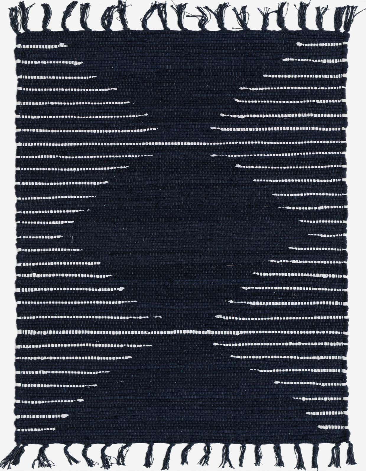 A 2x3 rectangular navy blue Chindi Cotton rug with a textured flatweave and fringe, featuring white horizontal stripes that create a central solid blue diamond pattern.