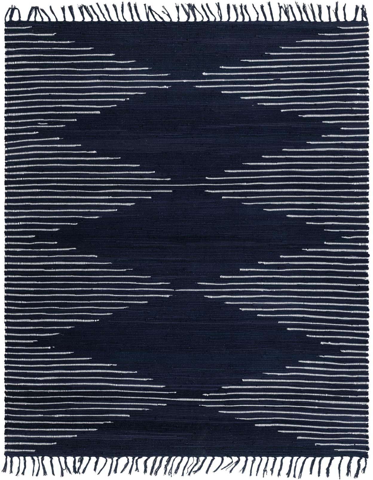 A 6x9 rectangular navy blue flatweave cotton rug with a subtle textured pattern and fringed edges.