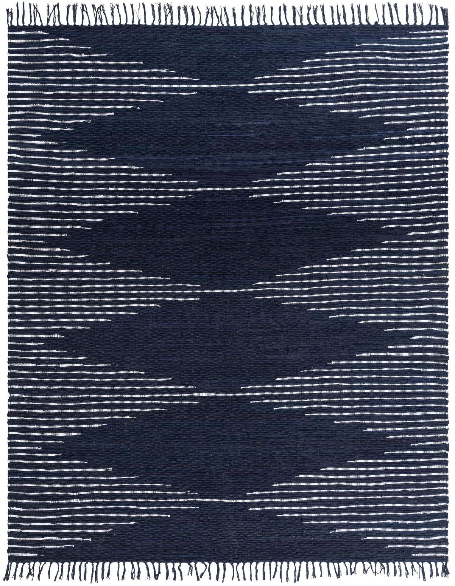 A rectangular 8x10 navy blue Chindi Cotton rug with an abstract white striped pattern and fringed edges, perfect for a living room.