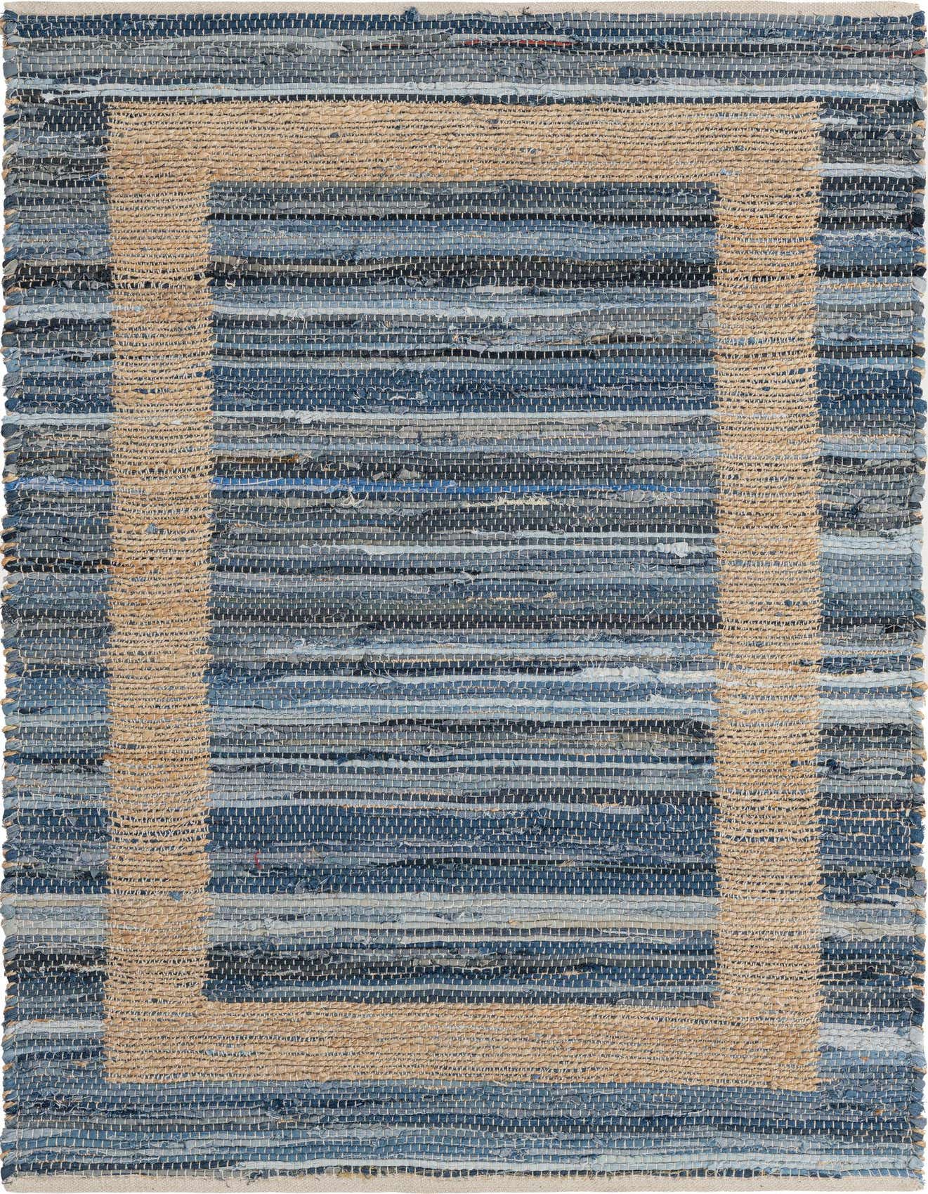 A 4x6 rectangular Chindi Jute rug featuring a textured flatweave of various blue denim strips and a natural jute border.