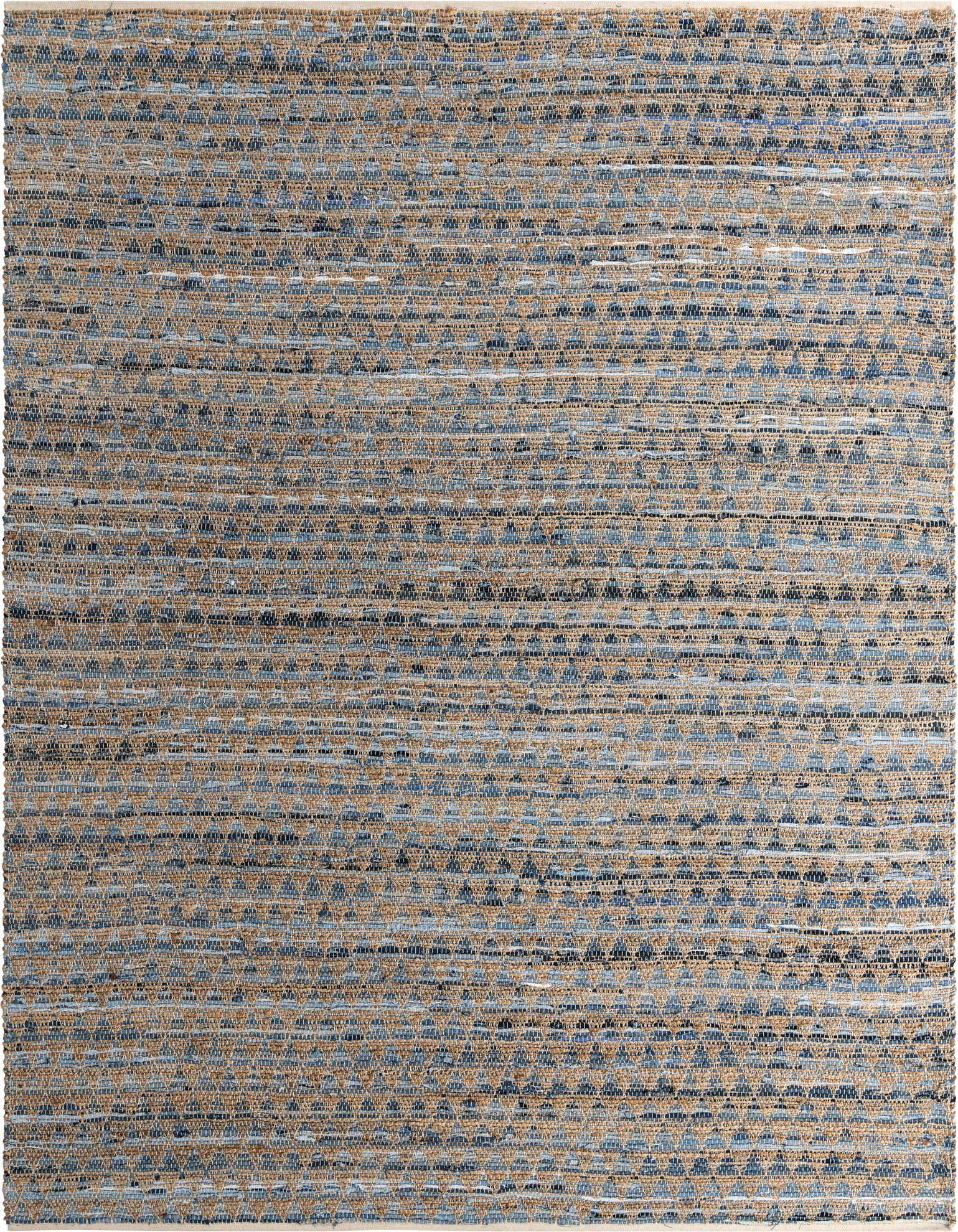 A 9x12 rectangular Chindi Jute rug featuring a textured flatweave in varying shades of blue and natural jute tones, suitable for a living room.