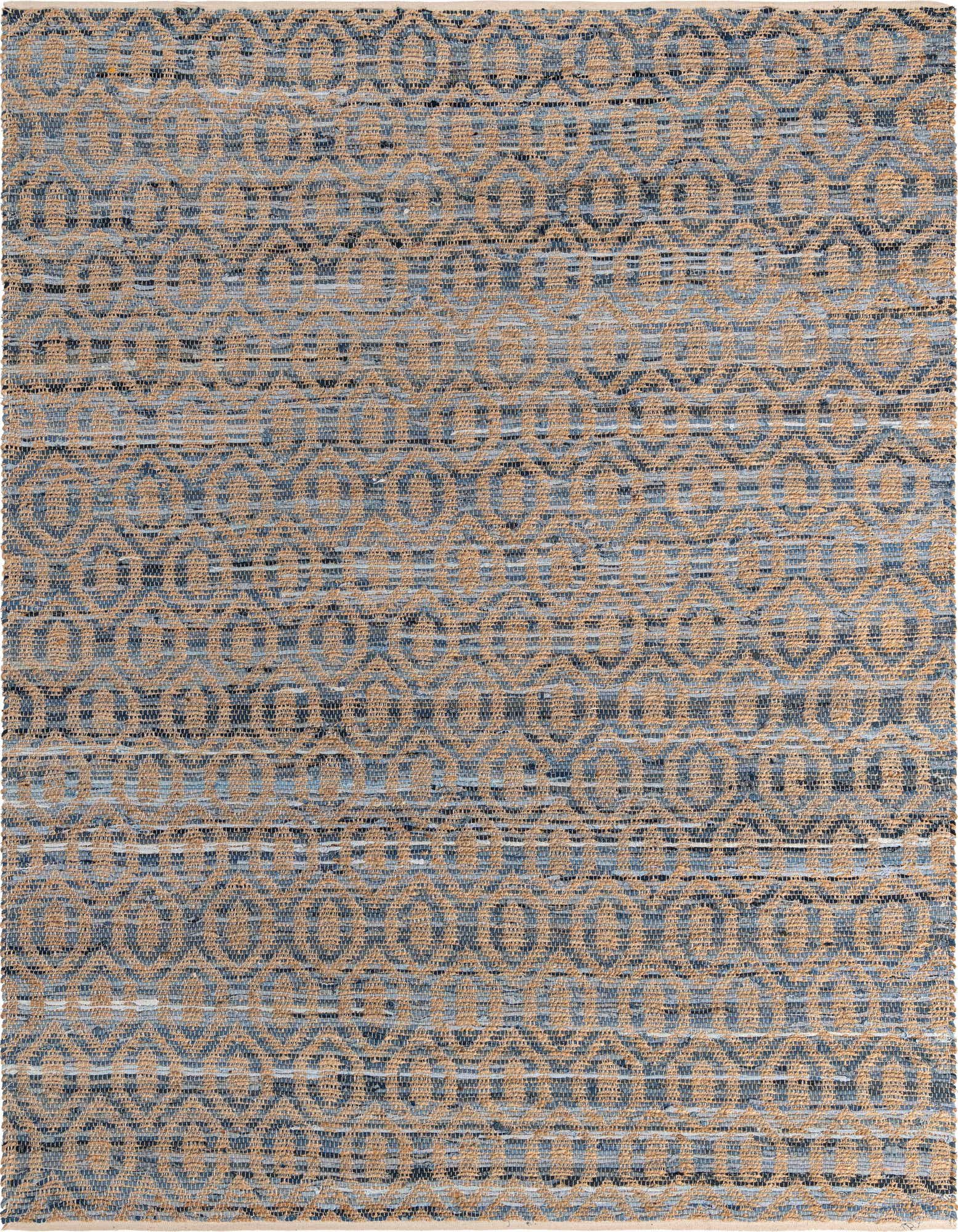 A 9x12 rectangular Chindi Jute rug featuring a blue and natural tan trellis pattern, ideal for a living room.