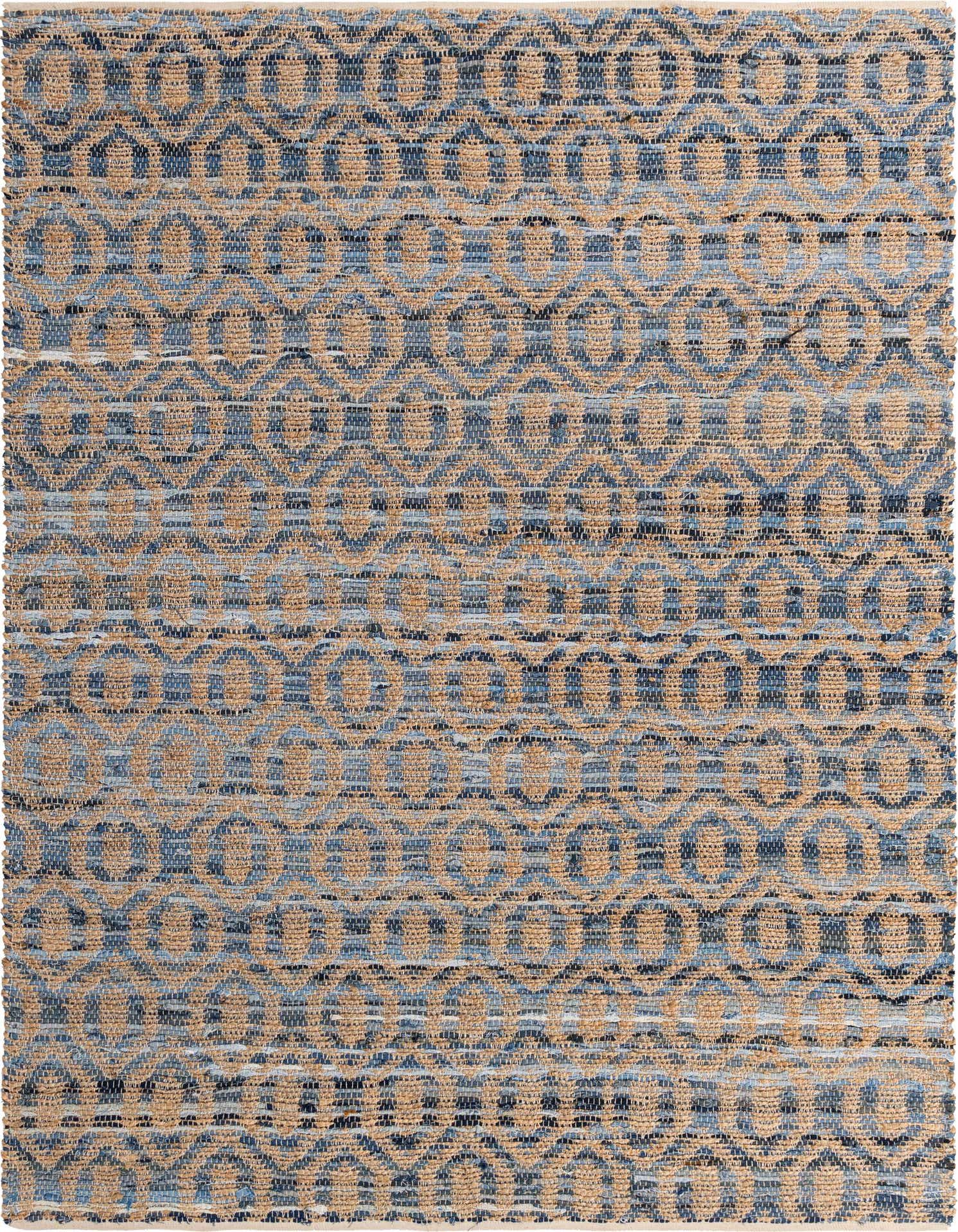 A 7x10 rectangular Chindi Jute rug featuring a blue and natural tan trellis pattern, ideal for a living room.