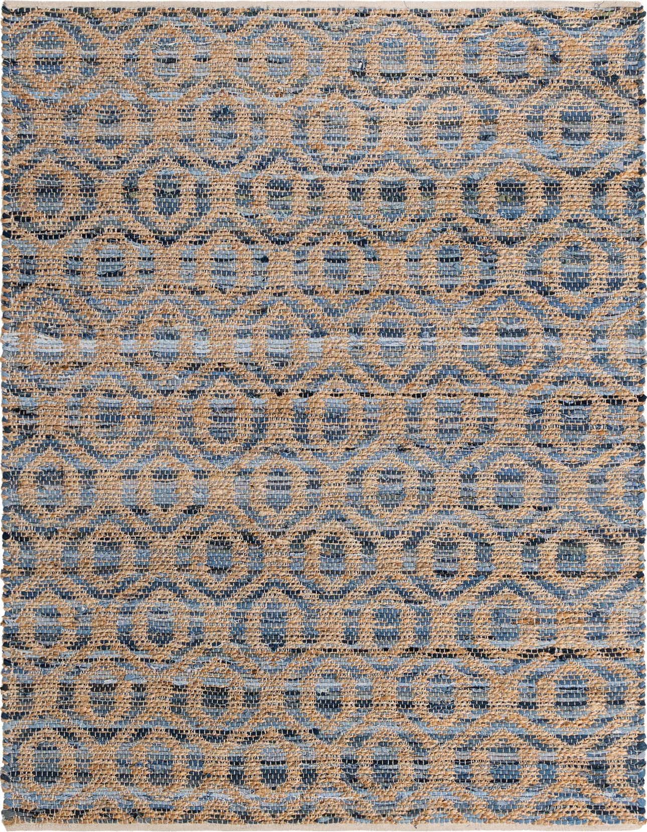 A 5x8 rectangular Chindi Jute rug featuring a textured flatweave pattern in varying shades of blue and natural jute.