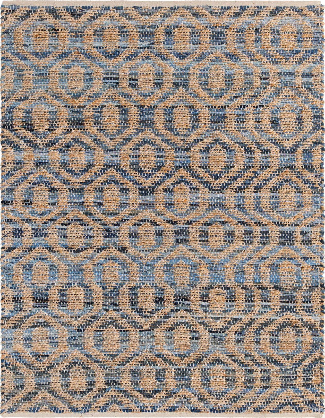 A 4x6 rectangular Chindi Jute rug featuring a trellis pattern in various shades of blue and natural tan.