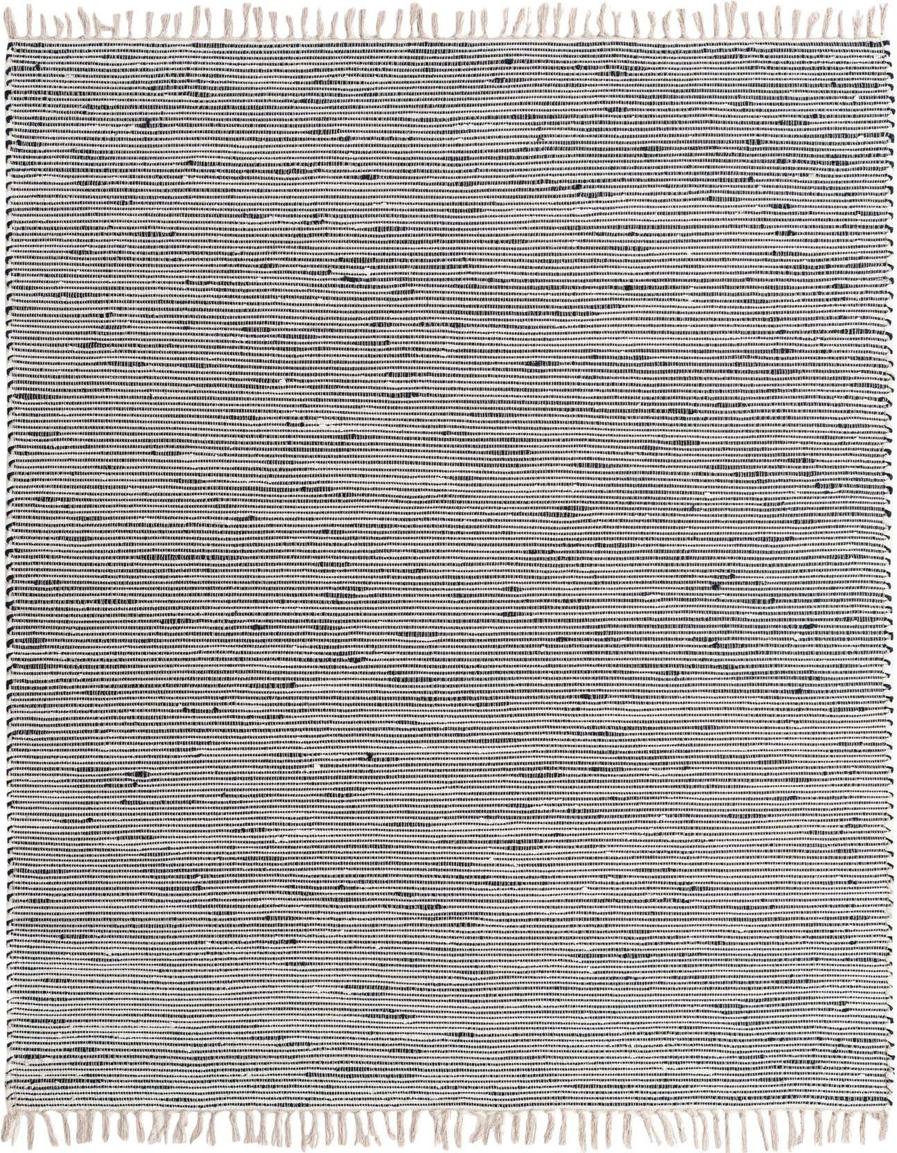 A 7x10 rectangular flatweave rug with thin horizontal stripes in varying shades of blue and white, featuring braided fringe.