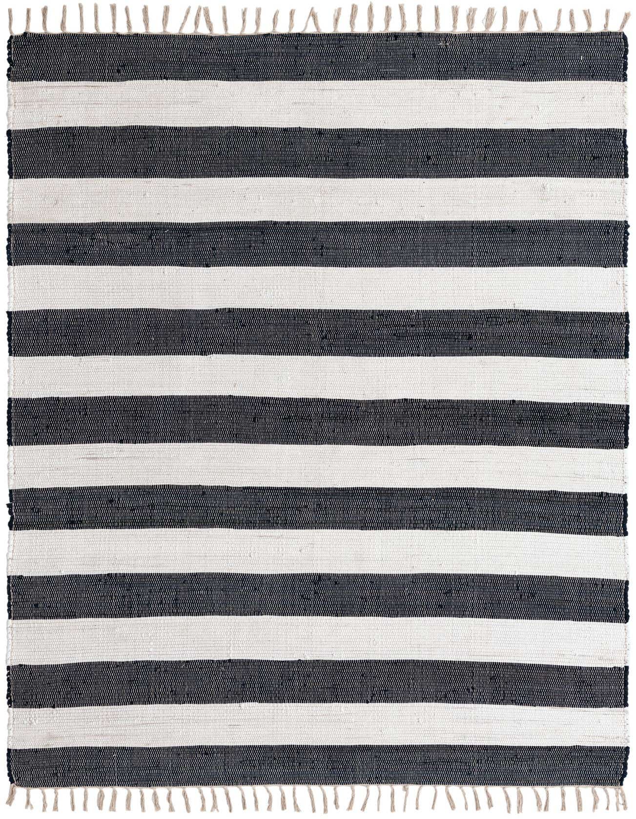 A 6x9 rectangular Chindi Rag rug with bold horizontal navy blue and white stripes and natural fringe.
