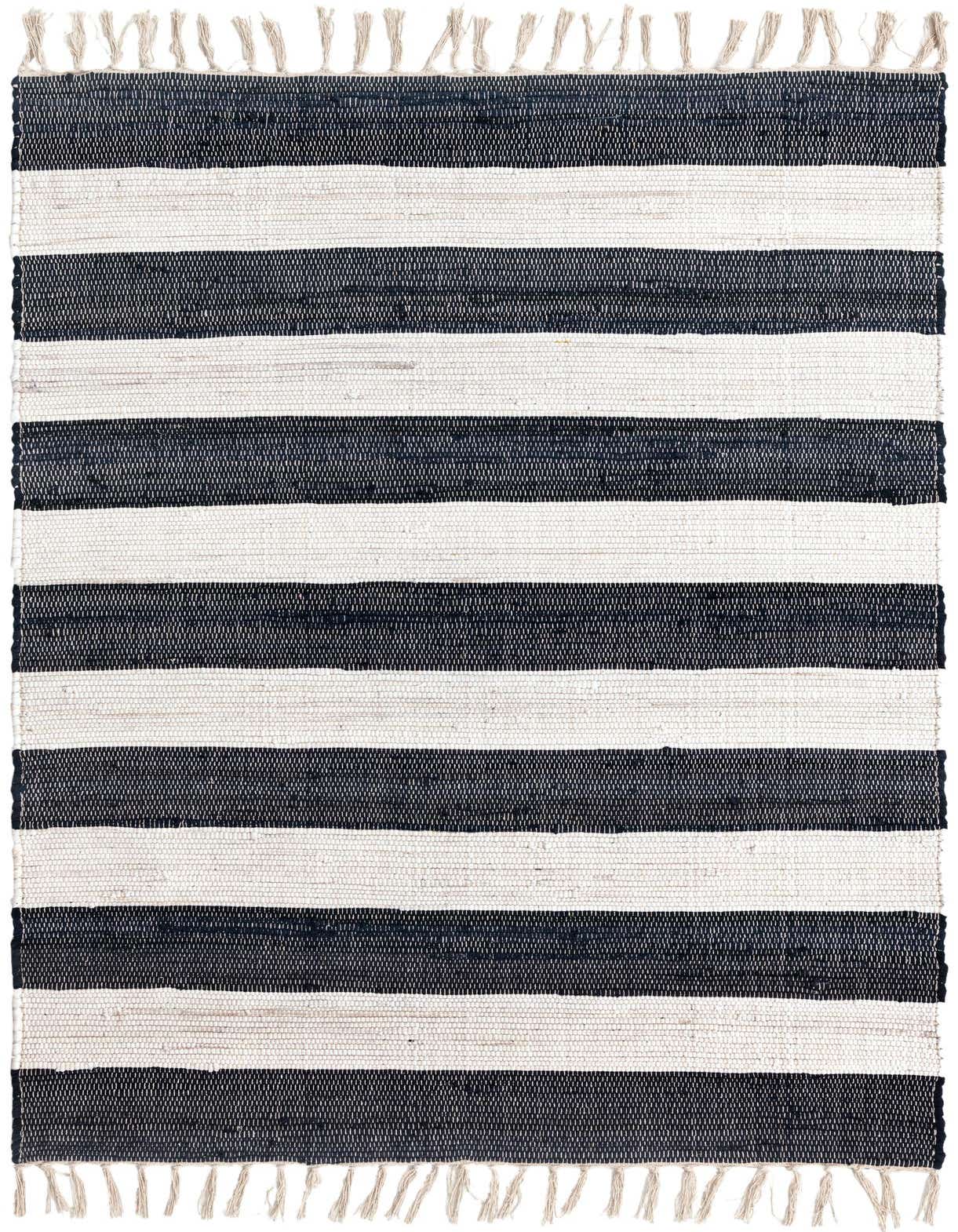 A 4x6 rectangular Chindi Rag rug with alternating wide navy blue and white stripes, featuring a flatweave texture and fringed edges.