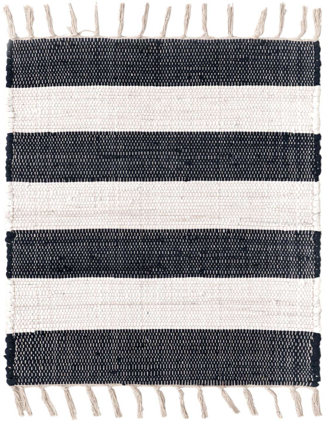 A 2x3 rectangular Chindi Rag rug with thick navy blue and white horizontal stripes and fringed ends.