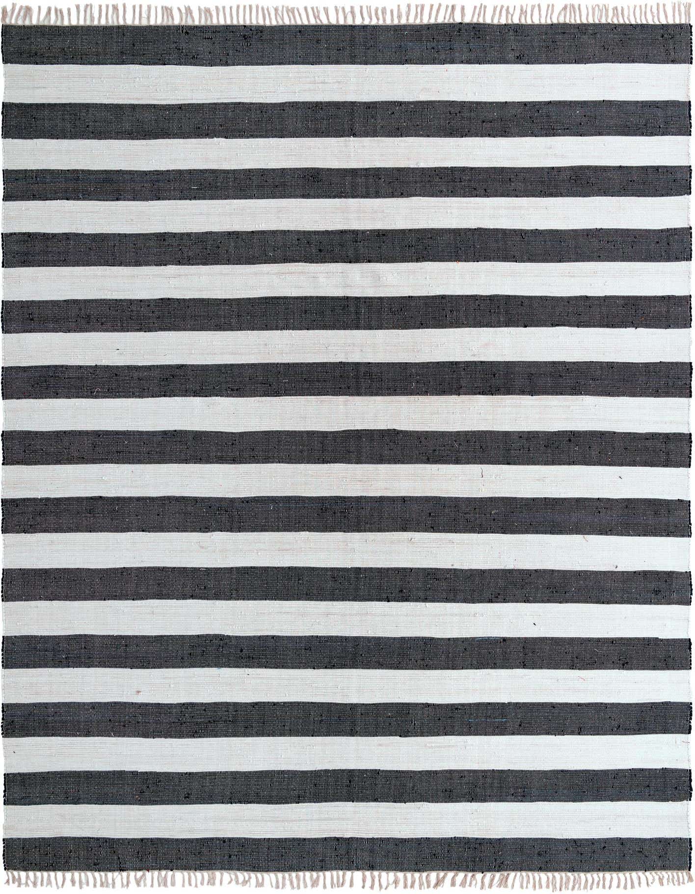 A 12x16 rectangular Chindi Rag rug with wide horizontal navy blue and white stripes, featuring a flatweave texture and fringed ends.
