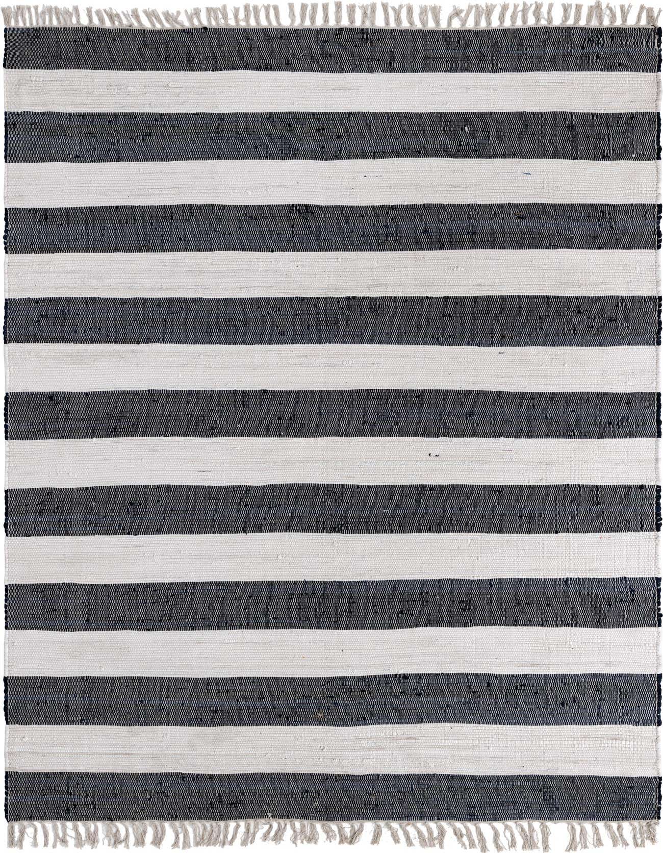 A 7x10 rectangular Chindi Rag rug with wide horizontal navy blue and white stripes, featuring a flatweave texture and fringed ends.