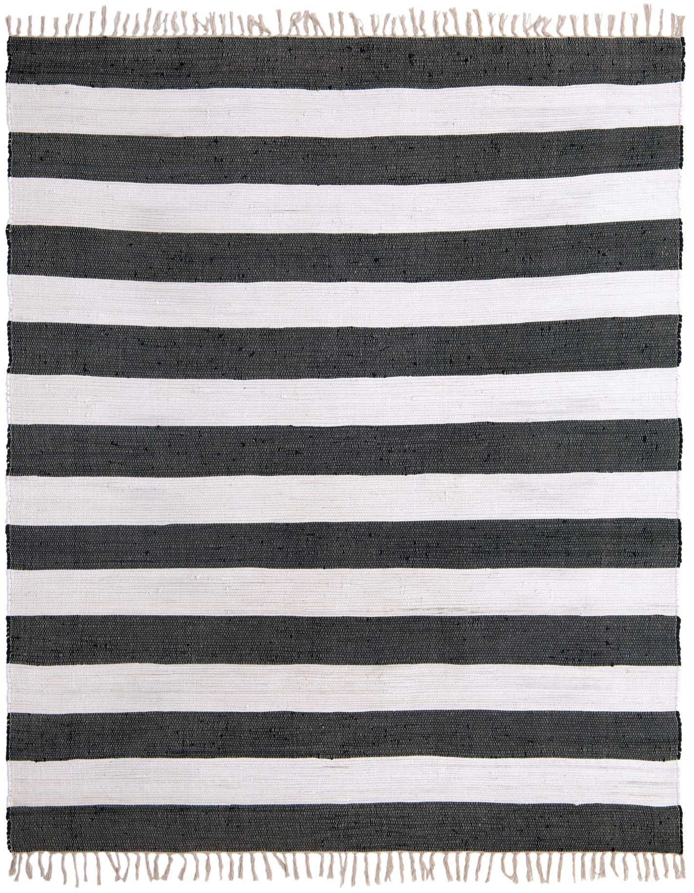 A rectangular 8x11 Chindi Rag rug with wide horizontal stripes in navy blue and white, featuring a flatweave texture and fringed ends.