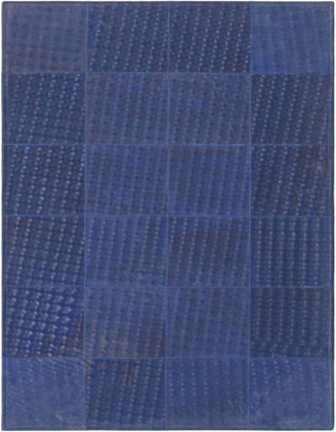 A 2x3 rectangular navy blue cowhide leather rug with a modern patchwork design, ideal for an entryway.