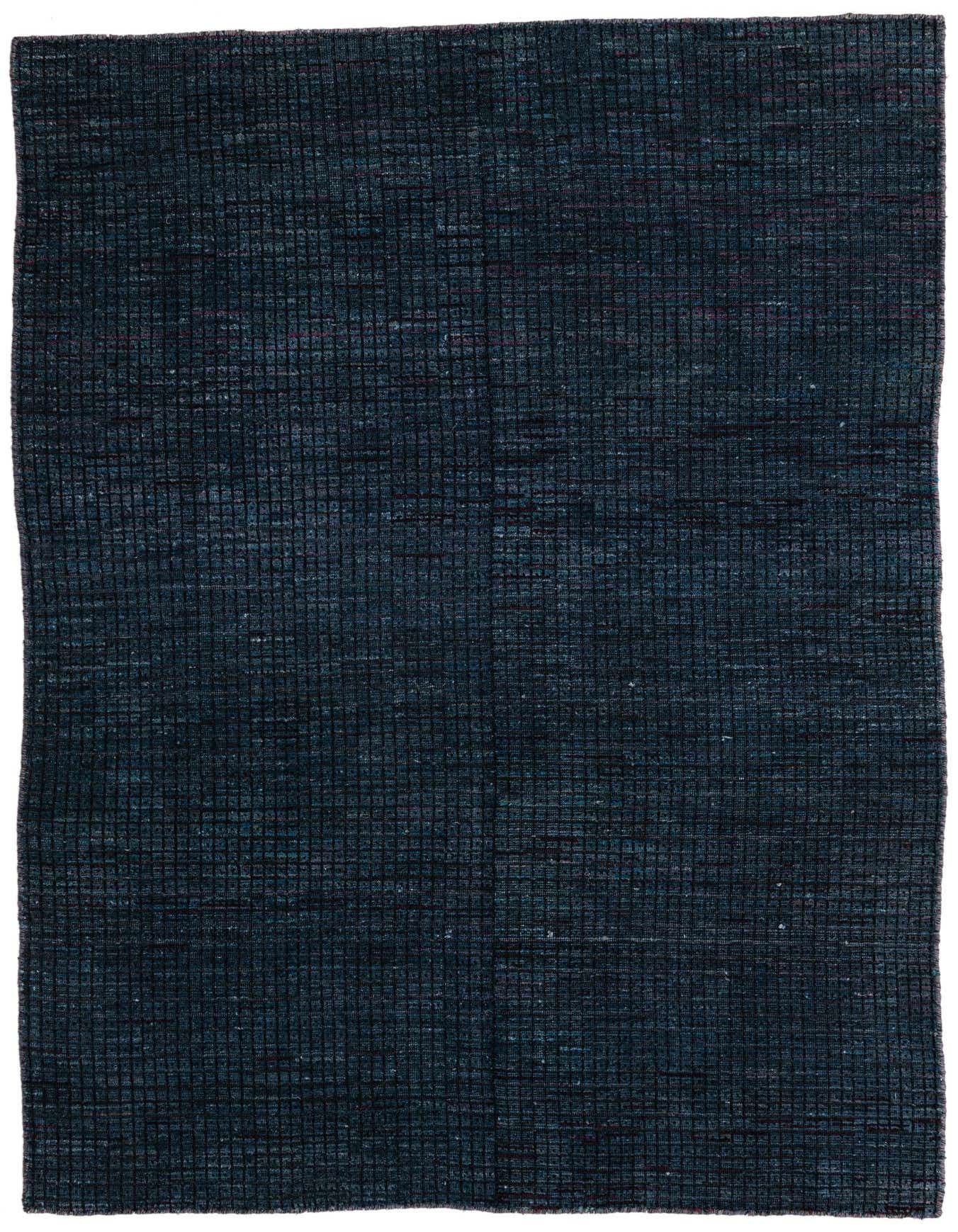 A 5x8 rectangular Darya rug in deep navy blue wool with a subtle modern grid texture, suitable for a living room.