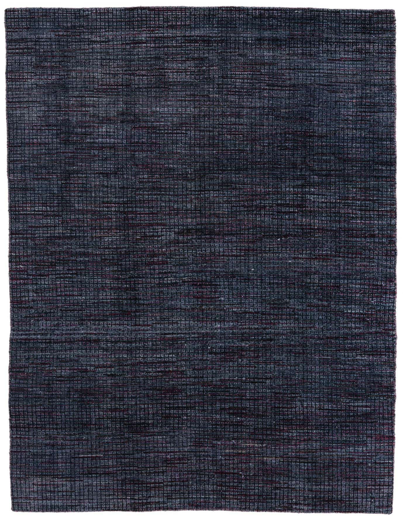 A 6x9 rectangular Darya rug in varying shades of blue and hints of red, featuring a textured modern grid pattern, suitable for a living room or office.