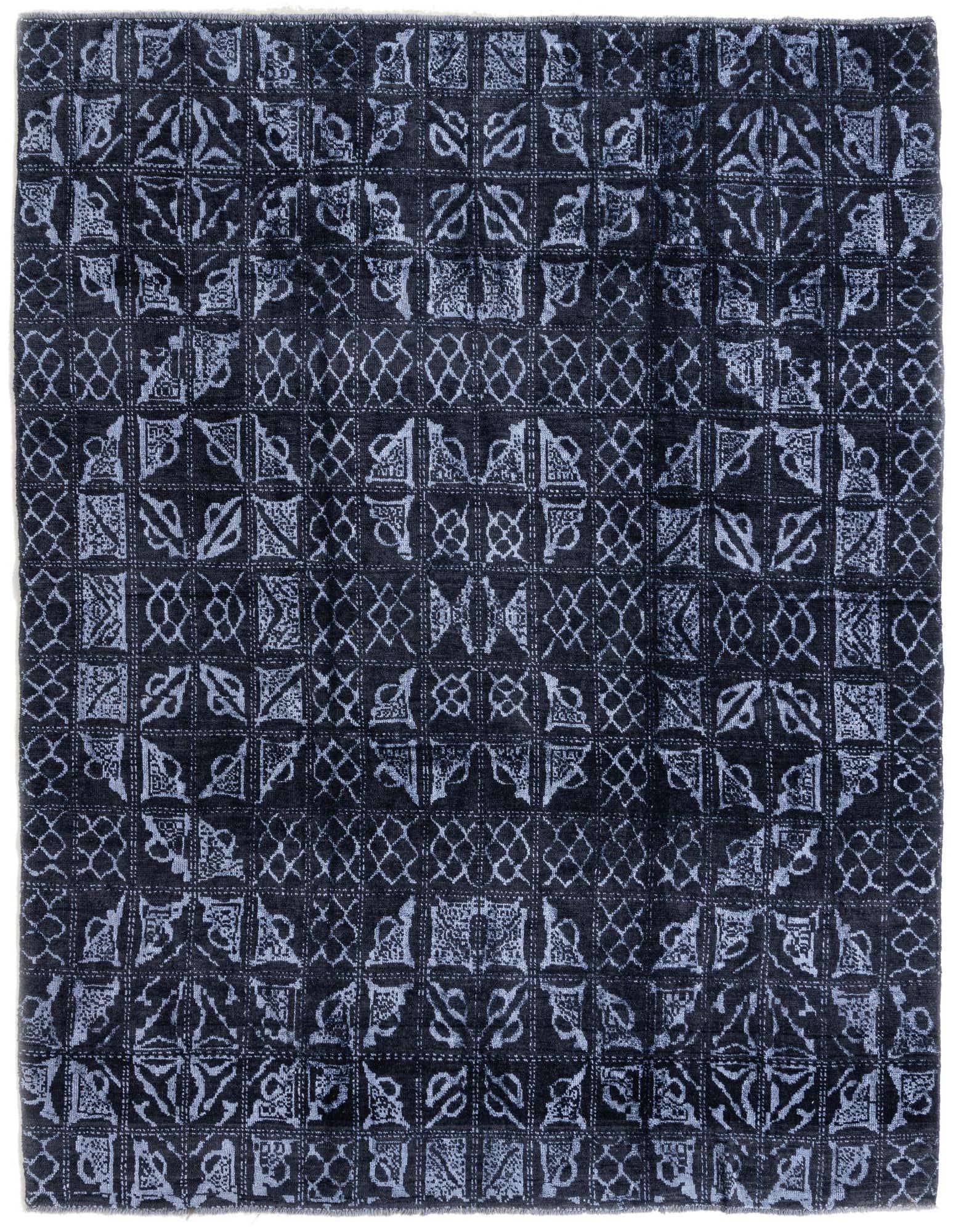 A rectangular 8x10 Darya collection rug in deep navy blue with an abstract, modern oriental pattern in lighter blue tones.