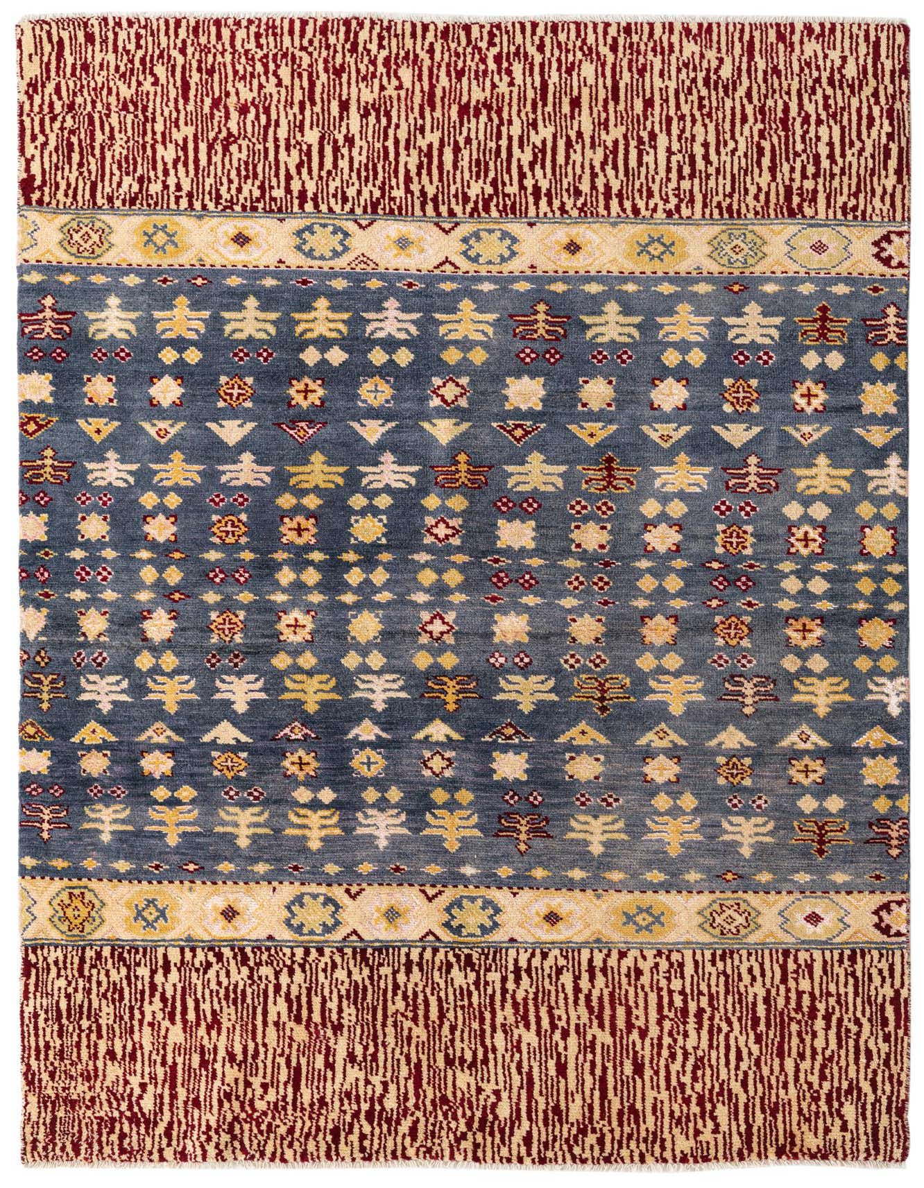 A 5x8 rectangular Darya rug with a navy blue field, abstract yellow and red patterns, and red and cream striped borders.