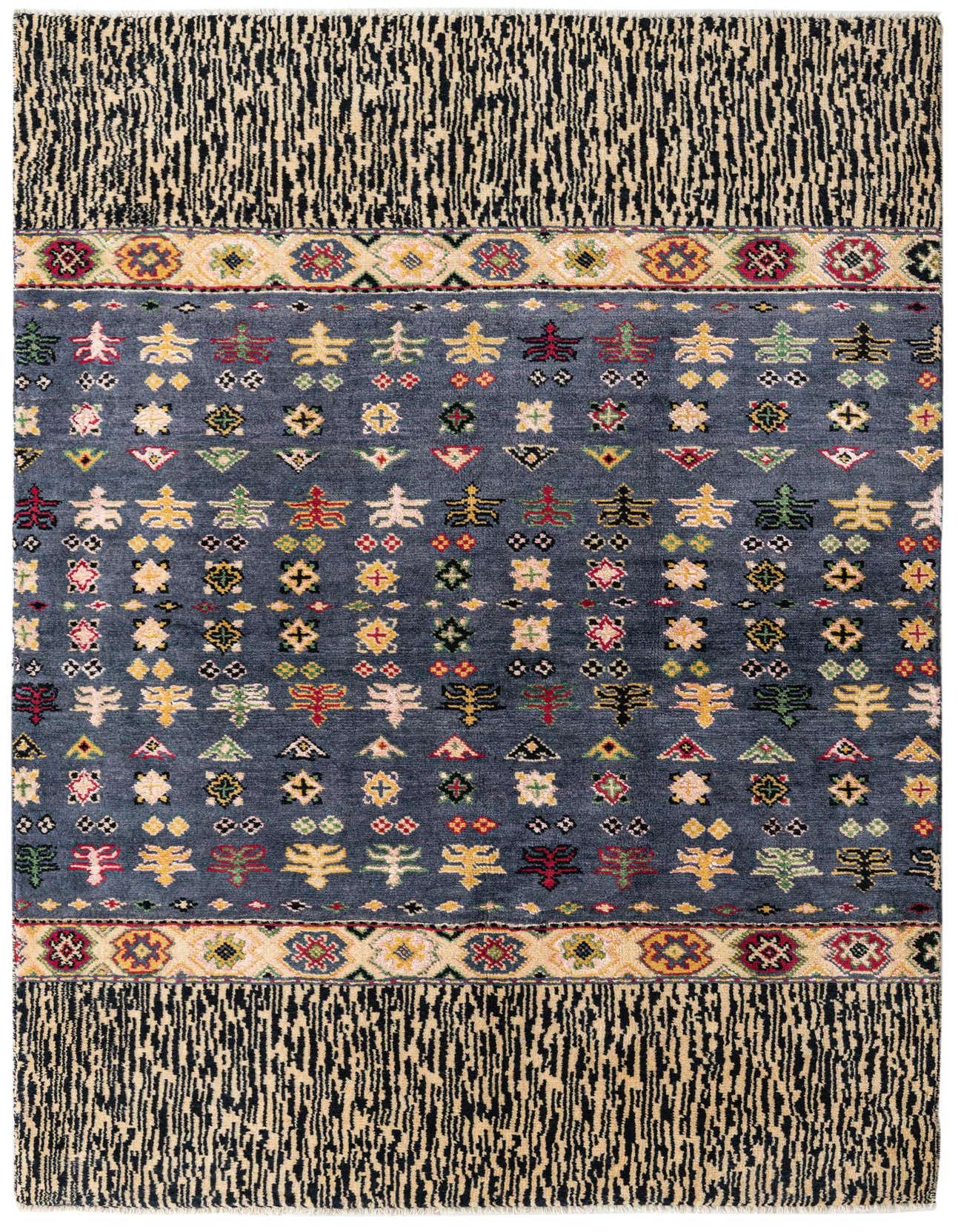 A 5x8 rectangular Darya rug with a navy blue field, abstract colorful motifs, and fringed ends.