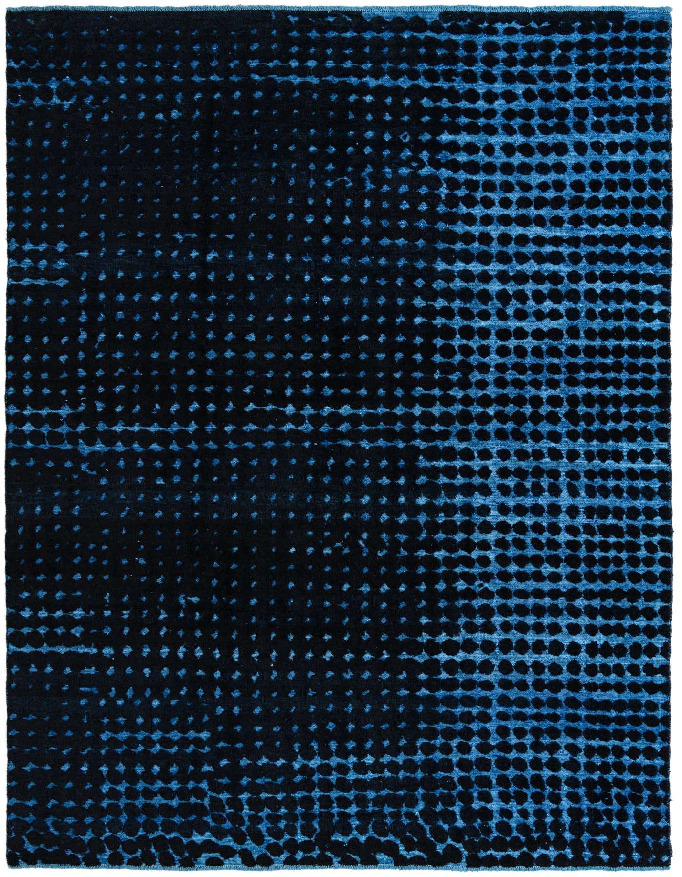 An 8x10 rectangular Darya rug with a modern abstract pattern in varying shades of blue, featuring a textured pile.