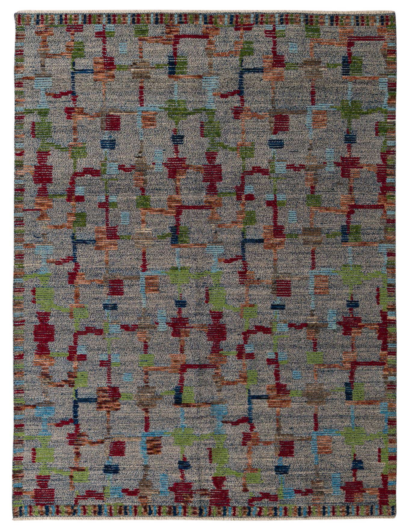 A 7x10 rectangular Darya rug with a modern abstract pattern in shades of blue, red, green, and orange on a gray background.