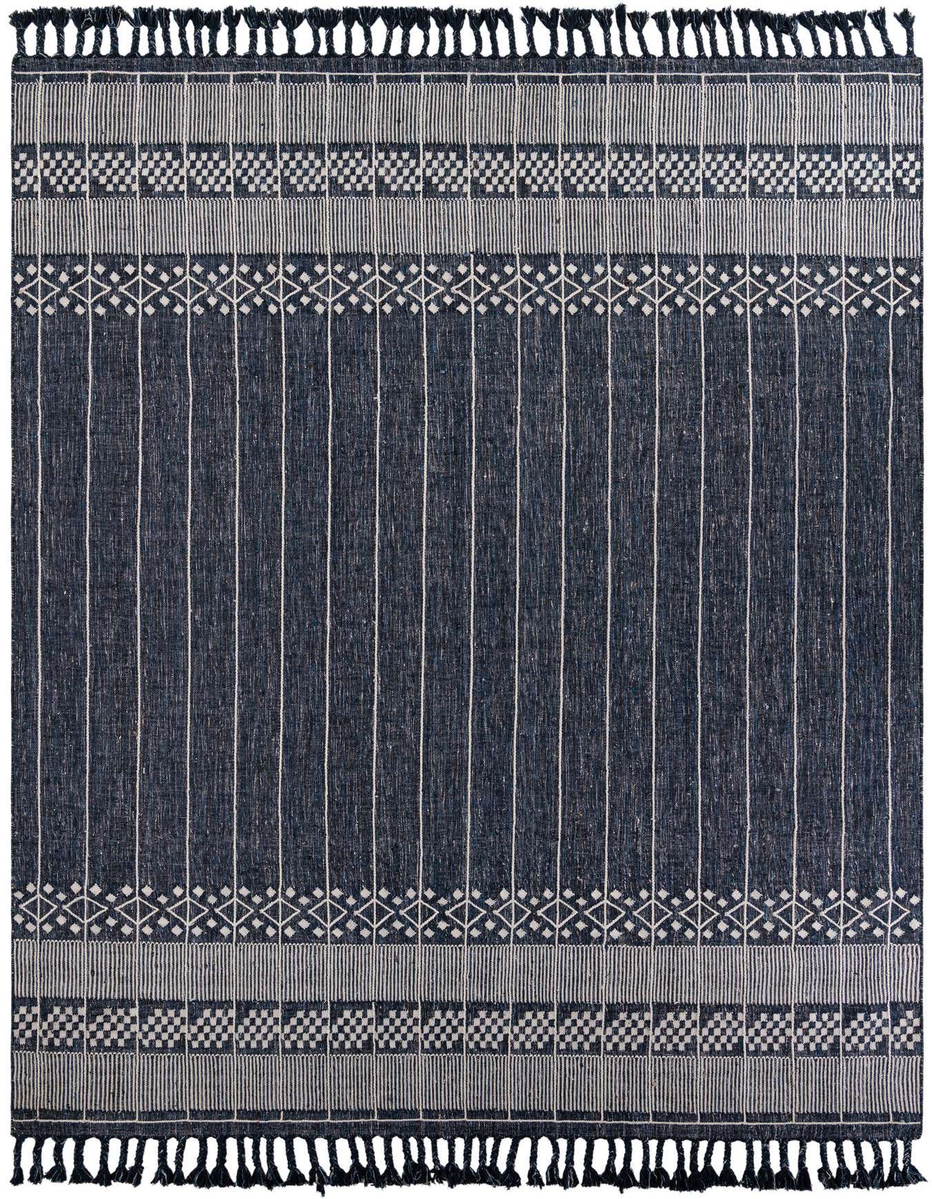 A 10x14 rectangular navy blue and white bohemian stripe rug with fringe, suitable for indoor or outdoor use.