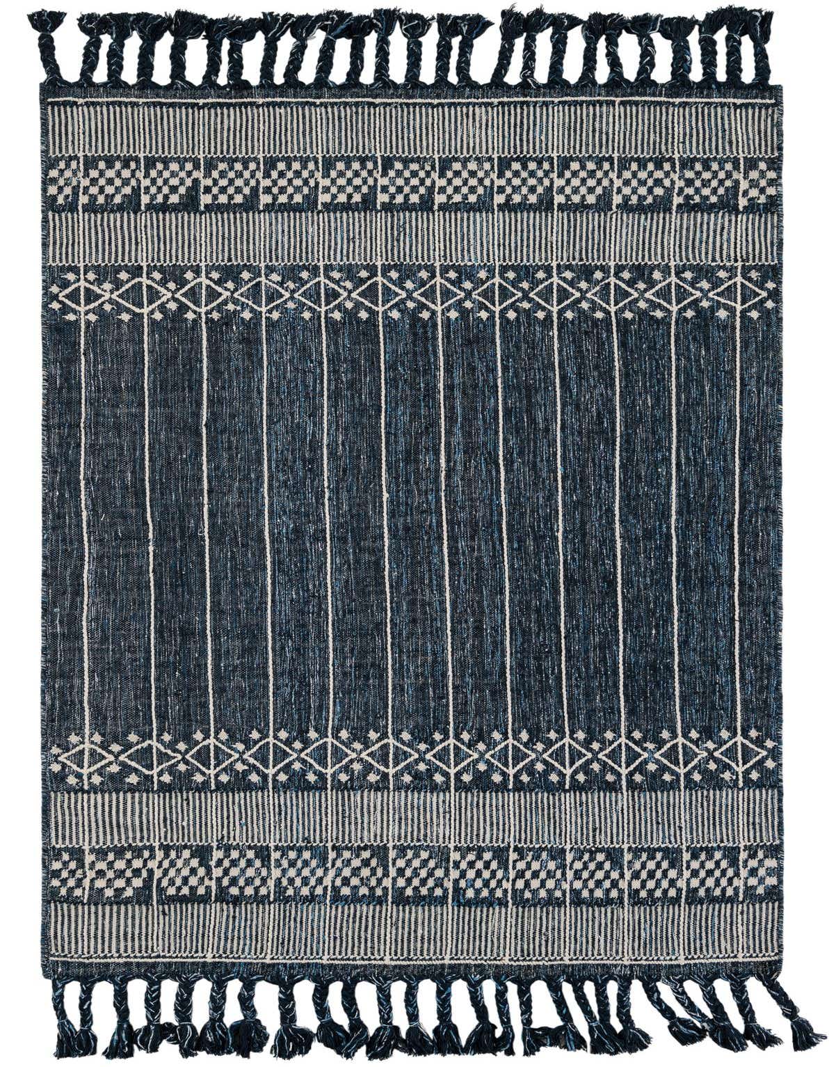 A 5x8 rectangular Eco Bohemian rug featuring a navy blue background with white stripes, geometric patterns, and braided tassels, suitable for indoor or outdoor use.
