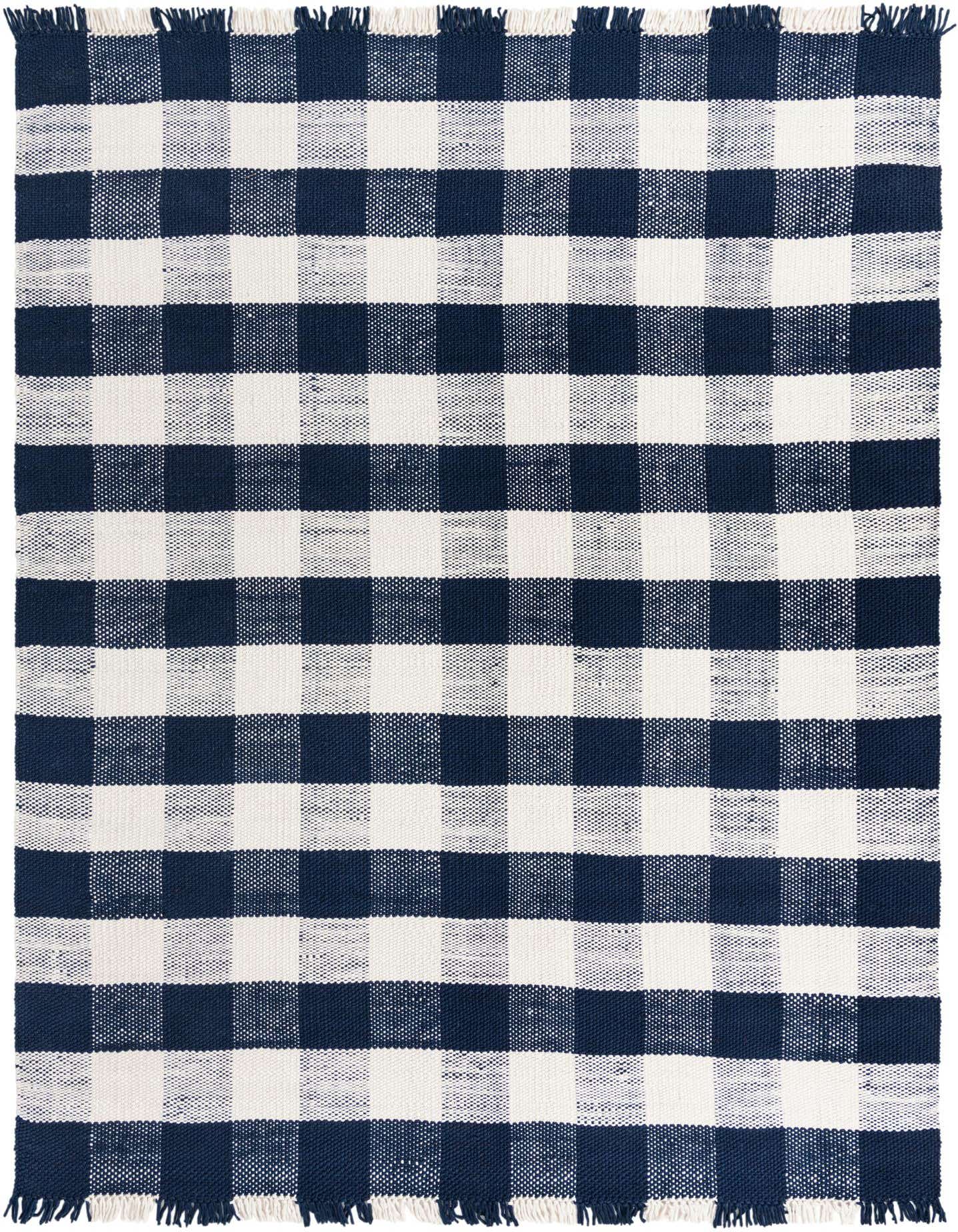 A 10x14 rectangular Eco Plaid rug in a navy blue and white checkerboard pattern, with fringed edges.