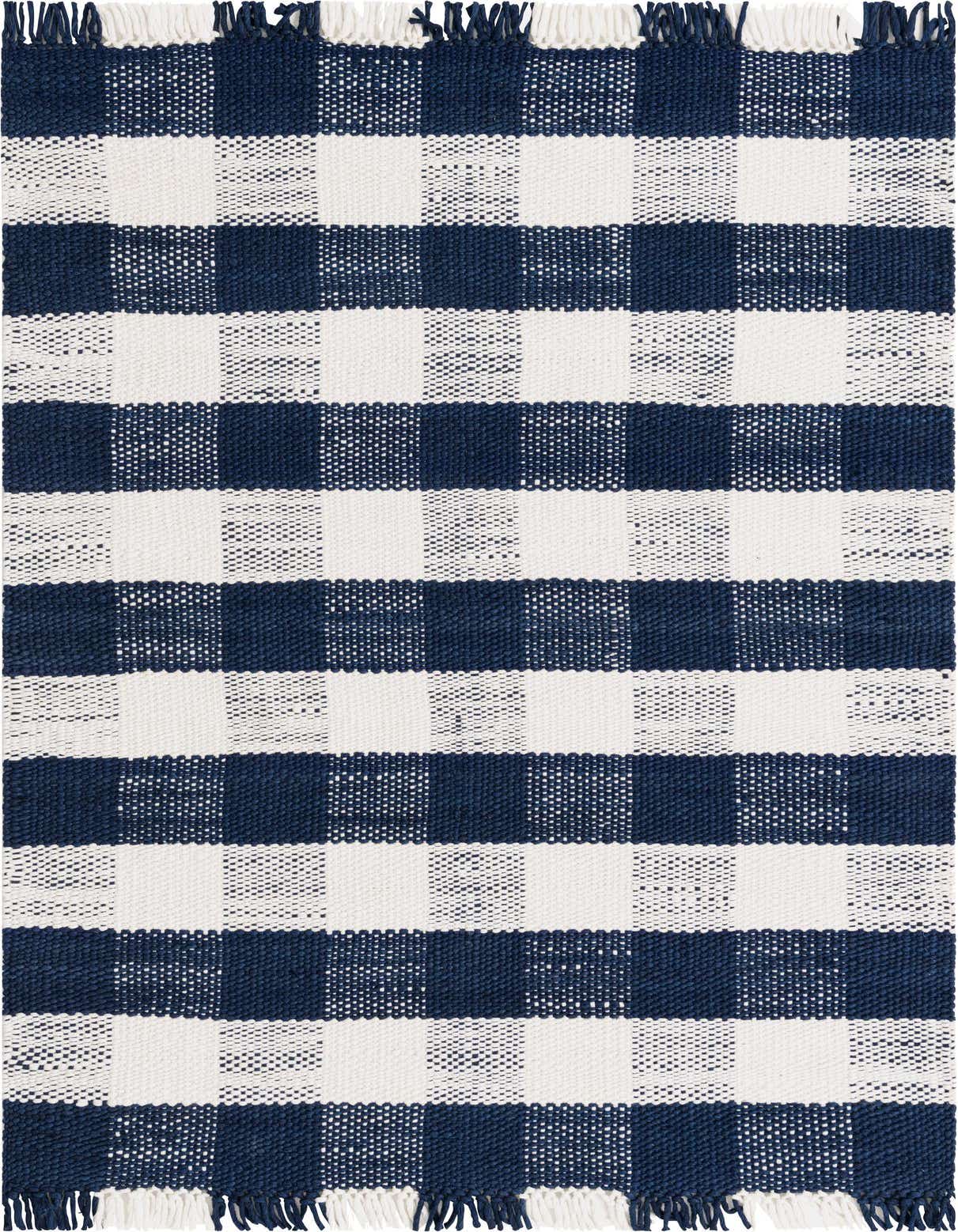 A 5x8 rectangular Eco Plaid rug featuring a navy blue and white checkered pattern with white fringe, suitable for indoor or outdoor use.