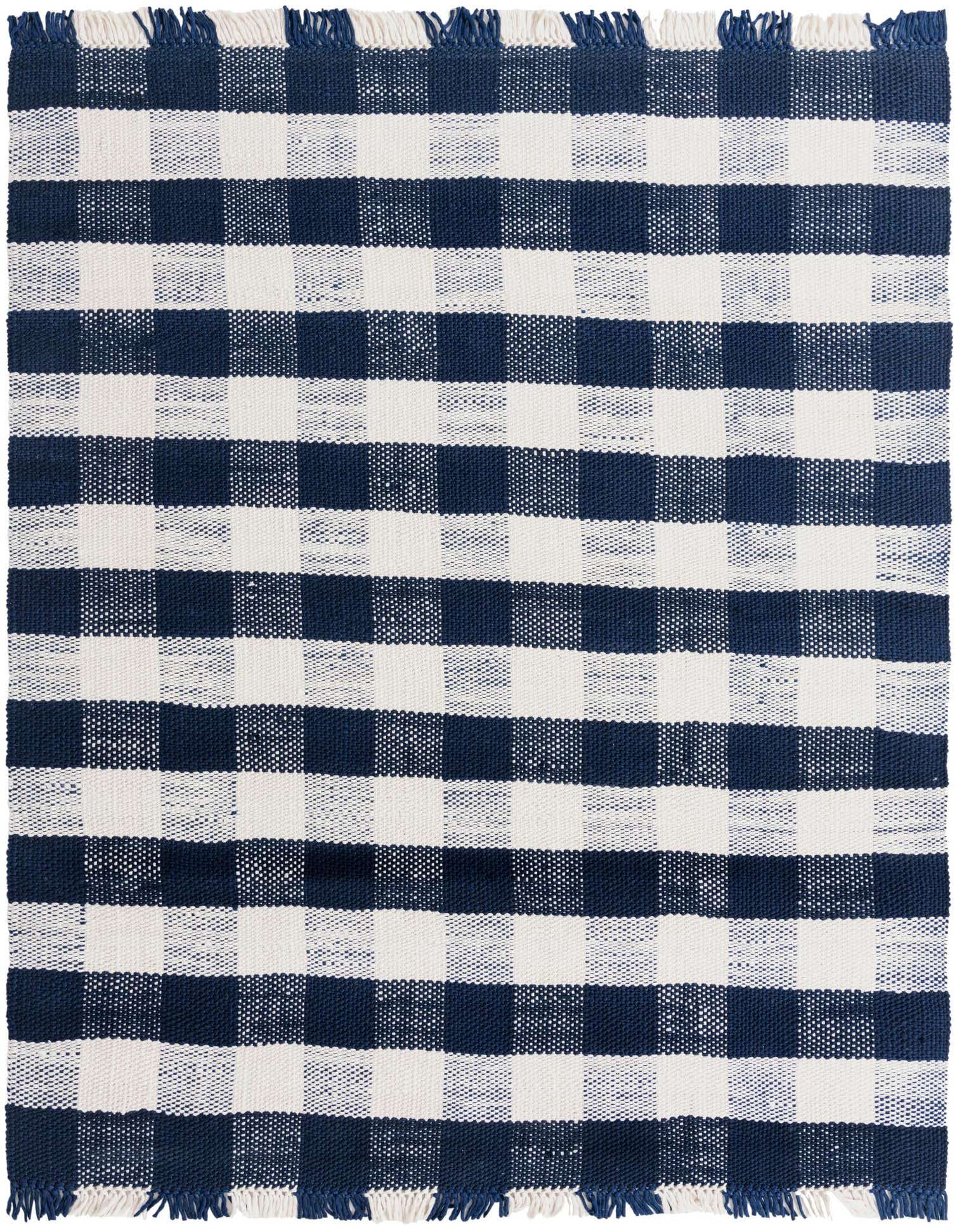 A rectangular 8x10 Eco Plaid navy blue and white checkered rug with fringe, suitable for indoor or outdoor use.