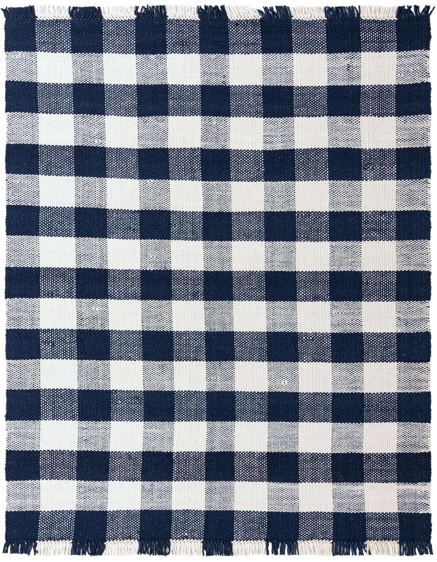 A 9x12 rectangular Eco Plaid rug featuring a classic navy blue and white checkered pattern with fringed edges.