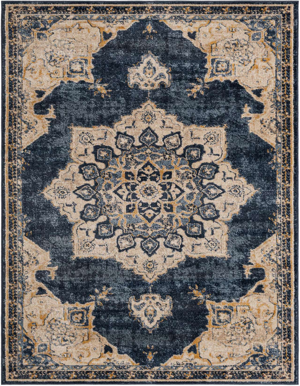 A 5x8 rectangular Eden Collection rug featuring a distressed navy blue and beige medallion pattern with gold accents, suitable for a living room.