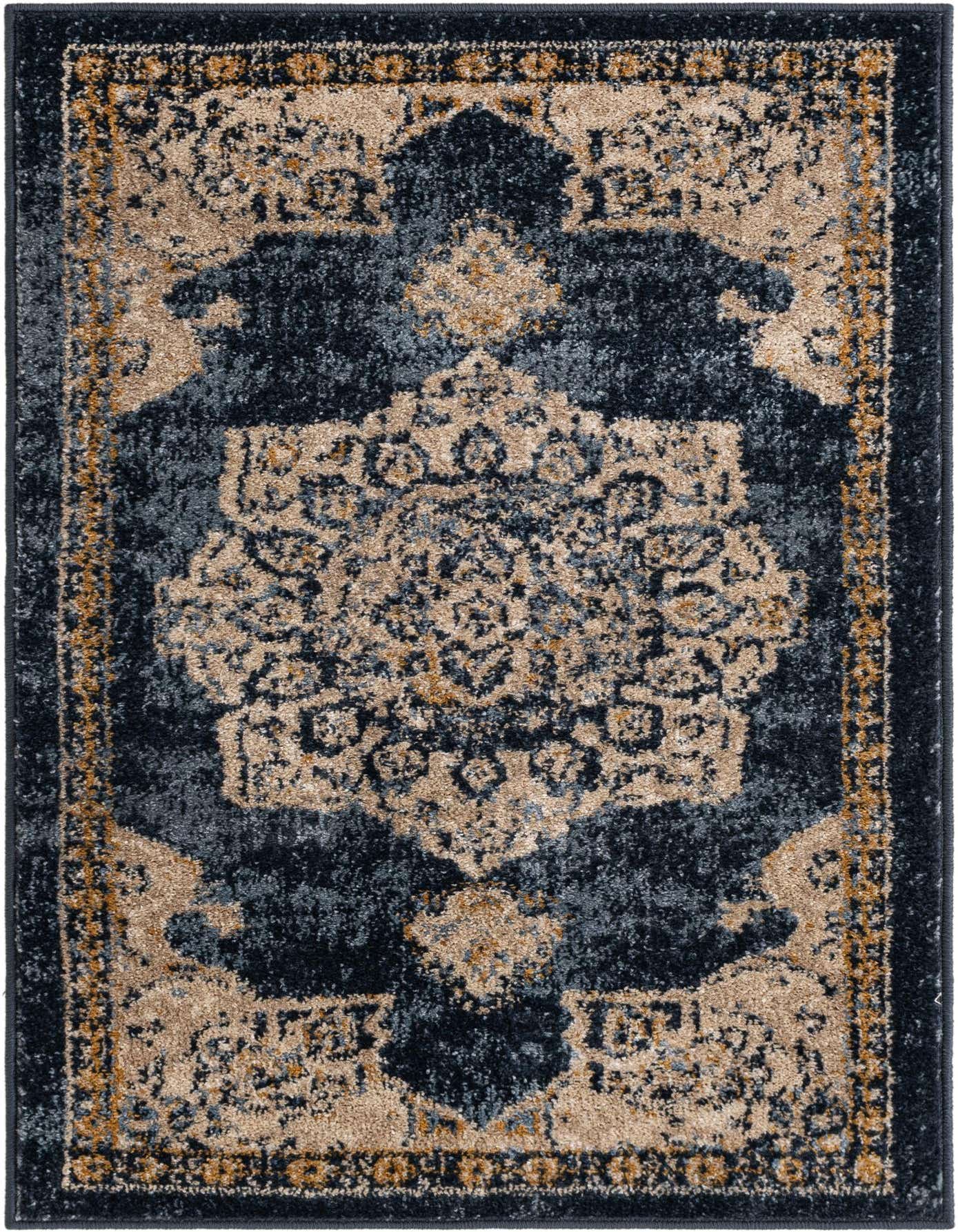 A 2x3 rectangular Eden rug featuring a distressed navy blue and beige medallion pattern with a medium pile.