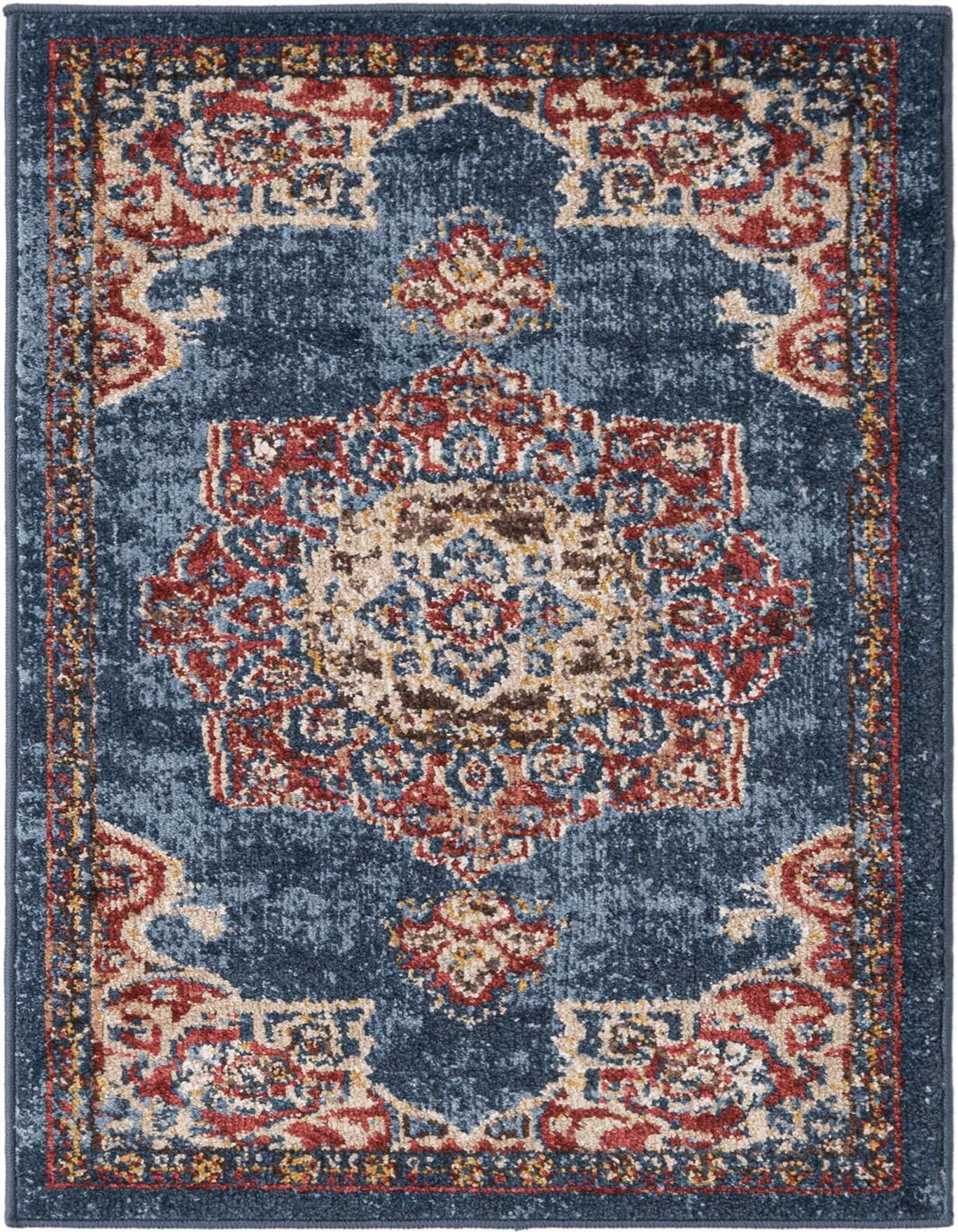 A 2x3 rectangular Eden rug from Rugs.com, featuring a distressed traditional pattern in shades of blue, red, and beige.