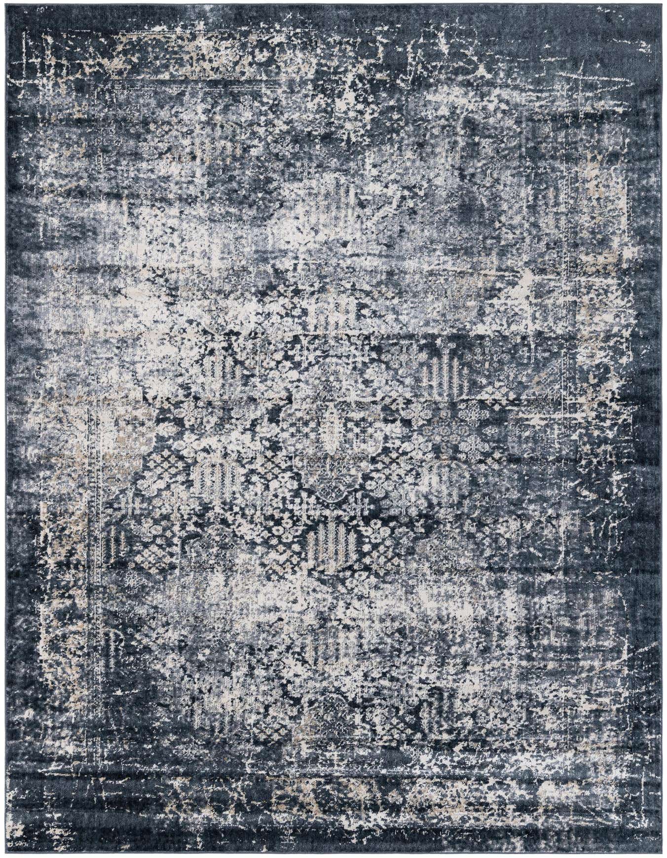 A 5x8 rectangular Eliza collection rug in shades of navy blue and off-white, featuring a distressed vintage Oriental pattern.