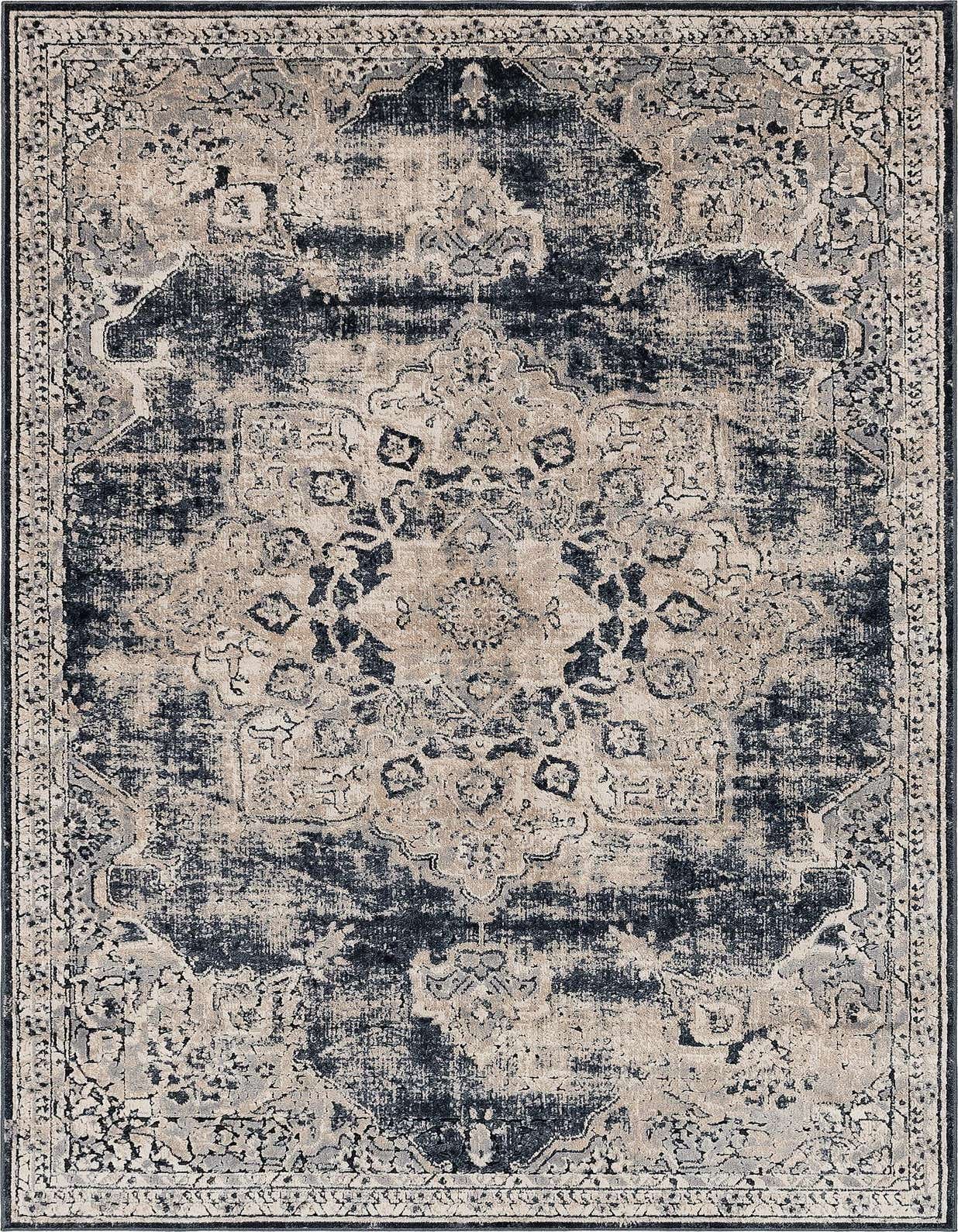 A 5x8 rectangular Eliza collection rug featuring a distressed navy blue and beige traditional medallion pattern.