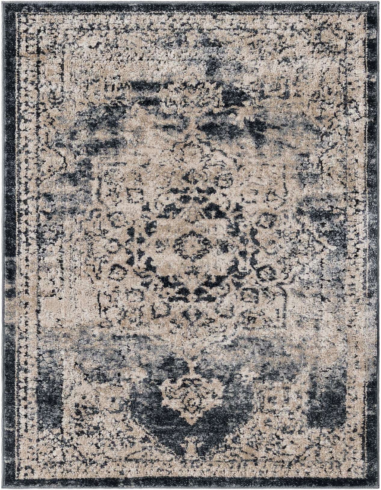 A rectangular 2x3 Eliza rug from Rugs.com, featuring a distressed traditional medallion pattern in navy blue and beige, perfect for an indoor space.