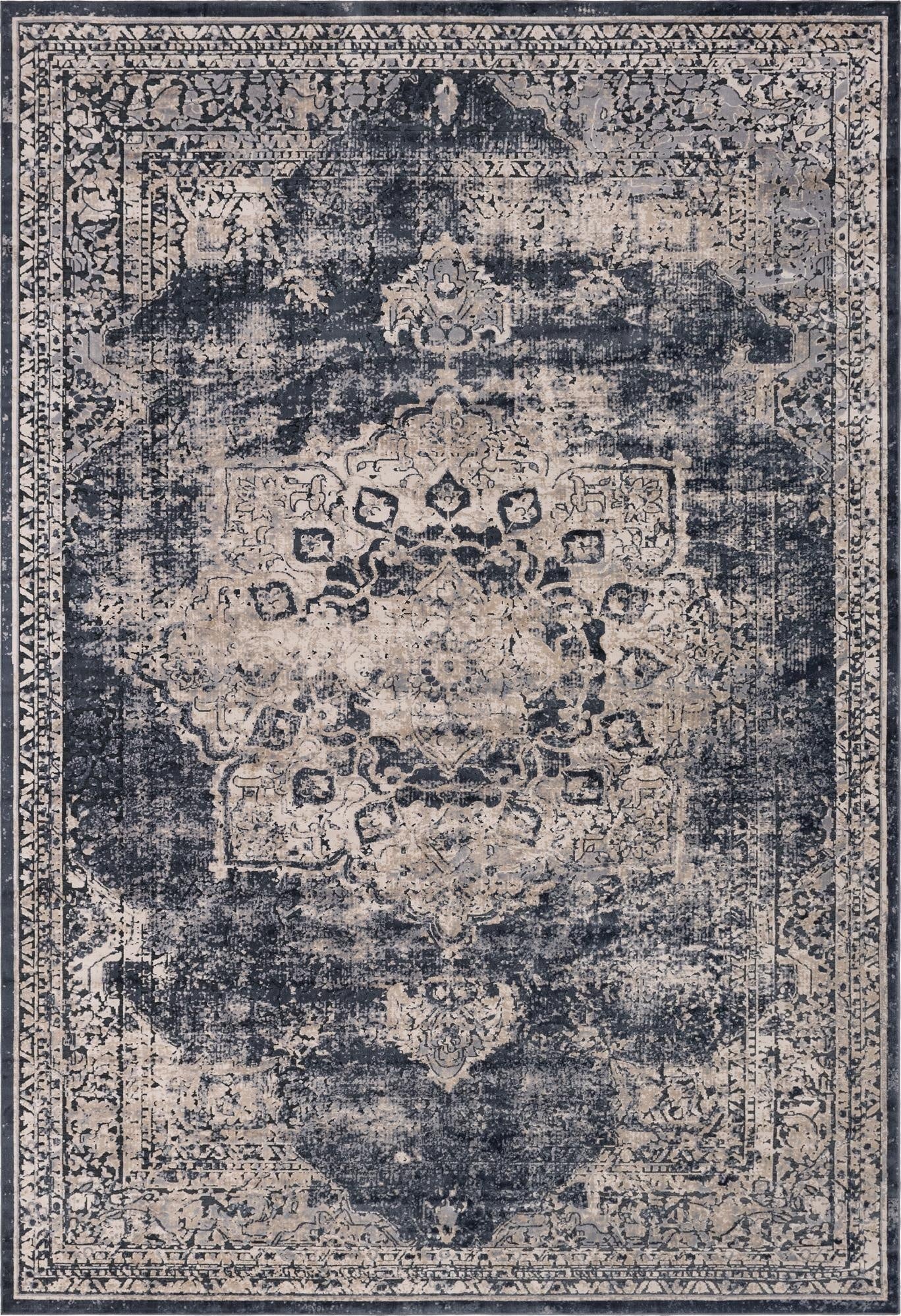 A 10x14 rectangular Eliza Collection rug featuring a distressed navy blue and beige traditional medallion pattern.