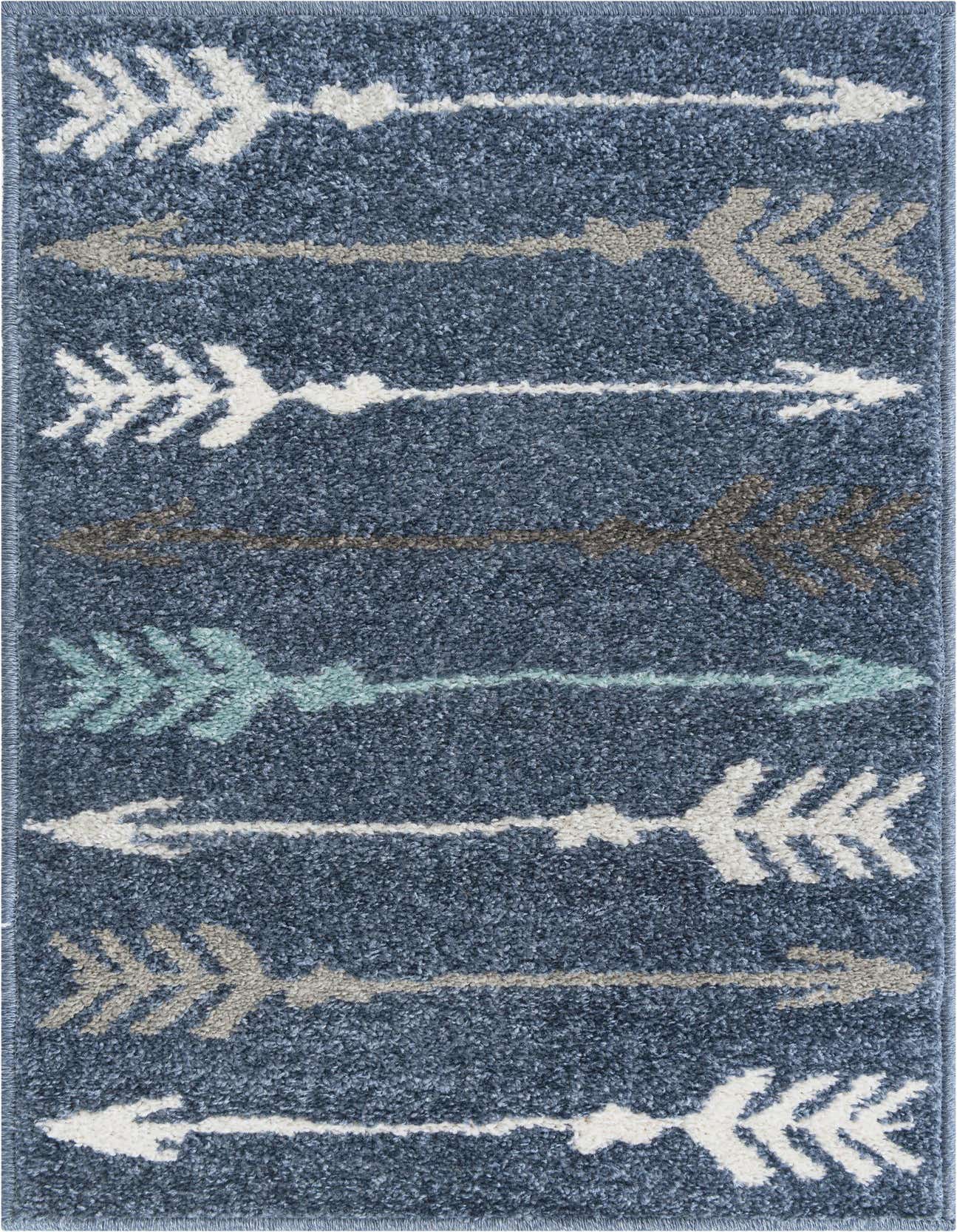A rectangular 2x3 navy blue rug with a thin pile, featuring horizontal rows of eclectic white, grey, brown, and teal arrow patterns.