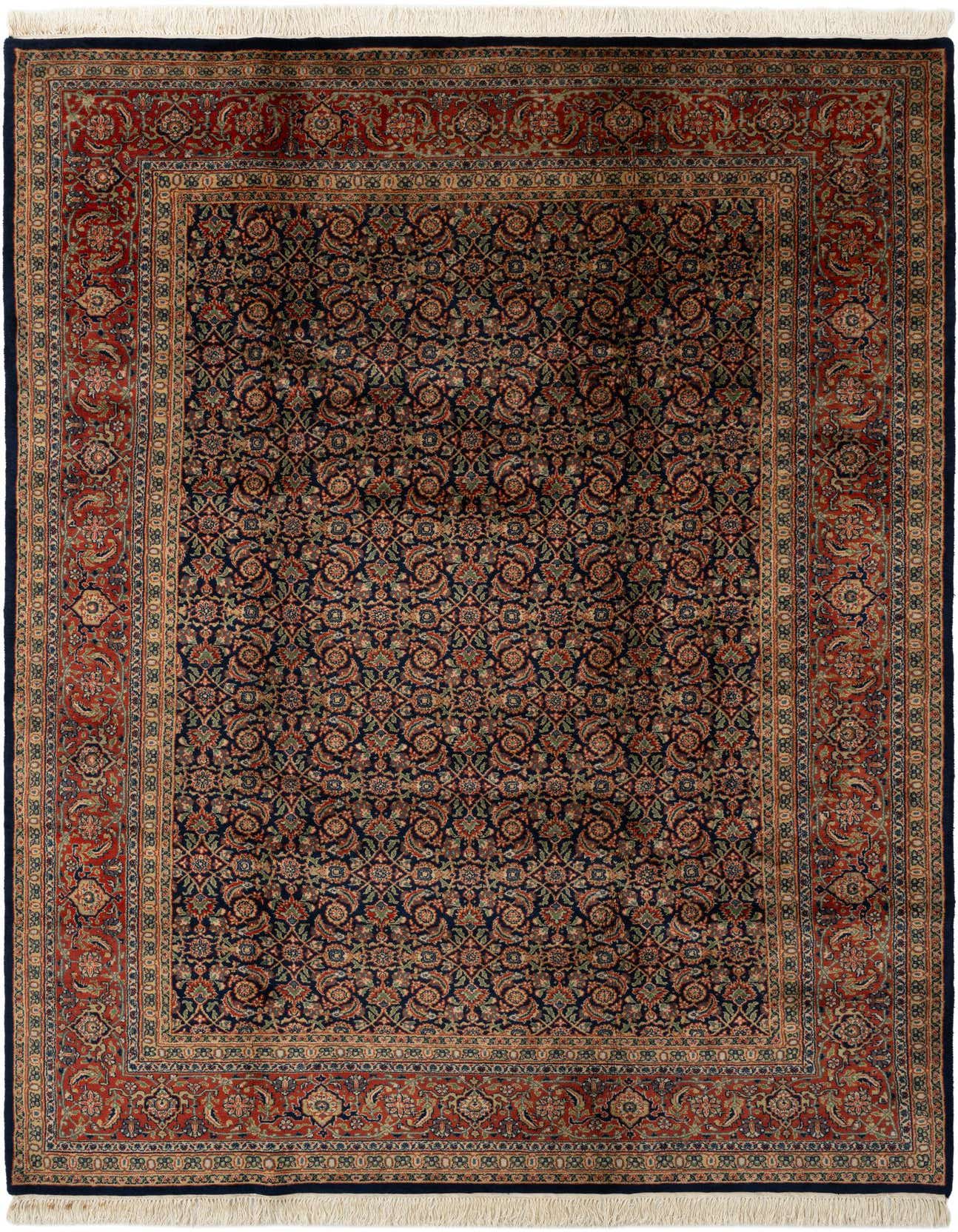 A 7x10 rectangular Farahan rug in traditional Oriental style, featuring a navy blue field with intricate floral patterns and a rich red border, ideal for a living room.