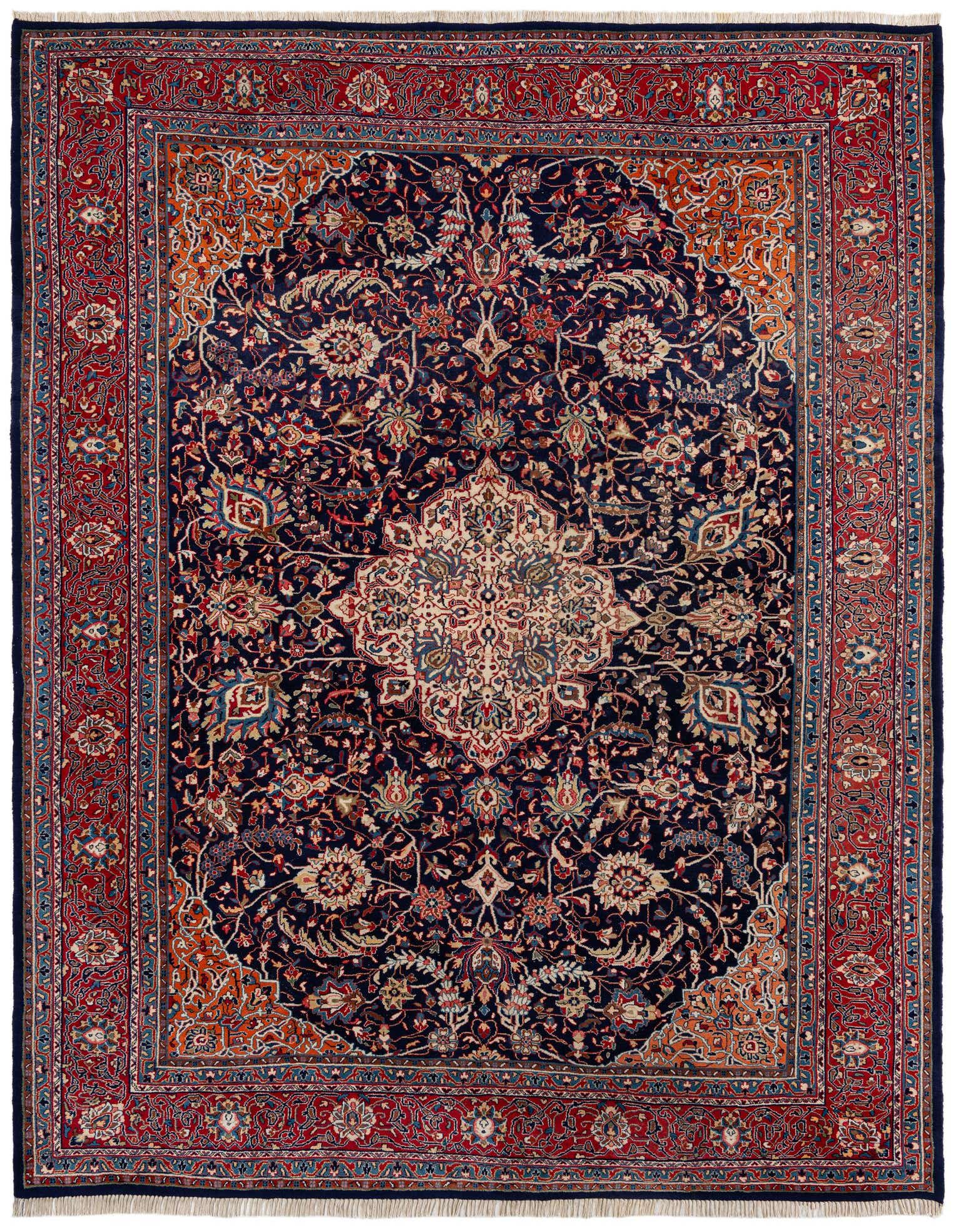 An 8x11 rectangular Farahan Persian wool rug featuring a navy blue field with an intricate medallion and a detailed red border.