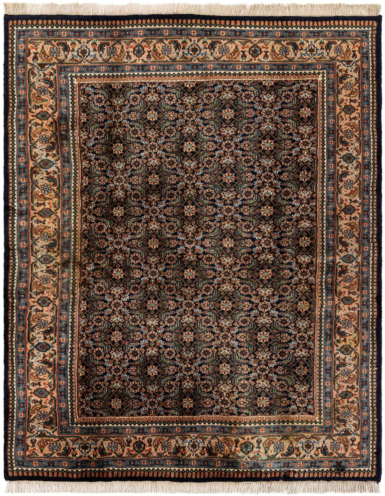 A 6x9 rectangular Farahan rug featuring a dense traditional Oriental pattern in shades of navy blue, beige, and brown, with intricate floral motifs and a detailed border.