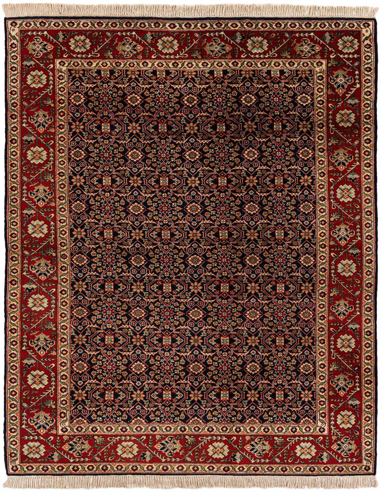 A 7x10 rectangular Farahan rug featuring a navy blue field with intricate floral patterns and a rich red border.